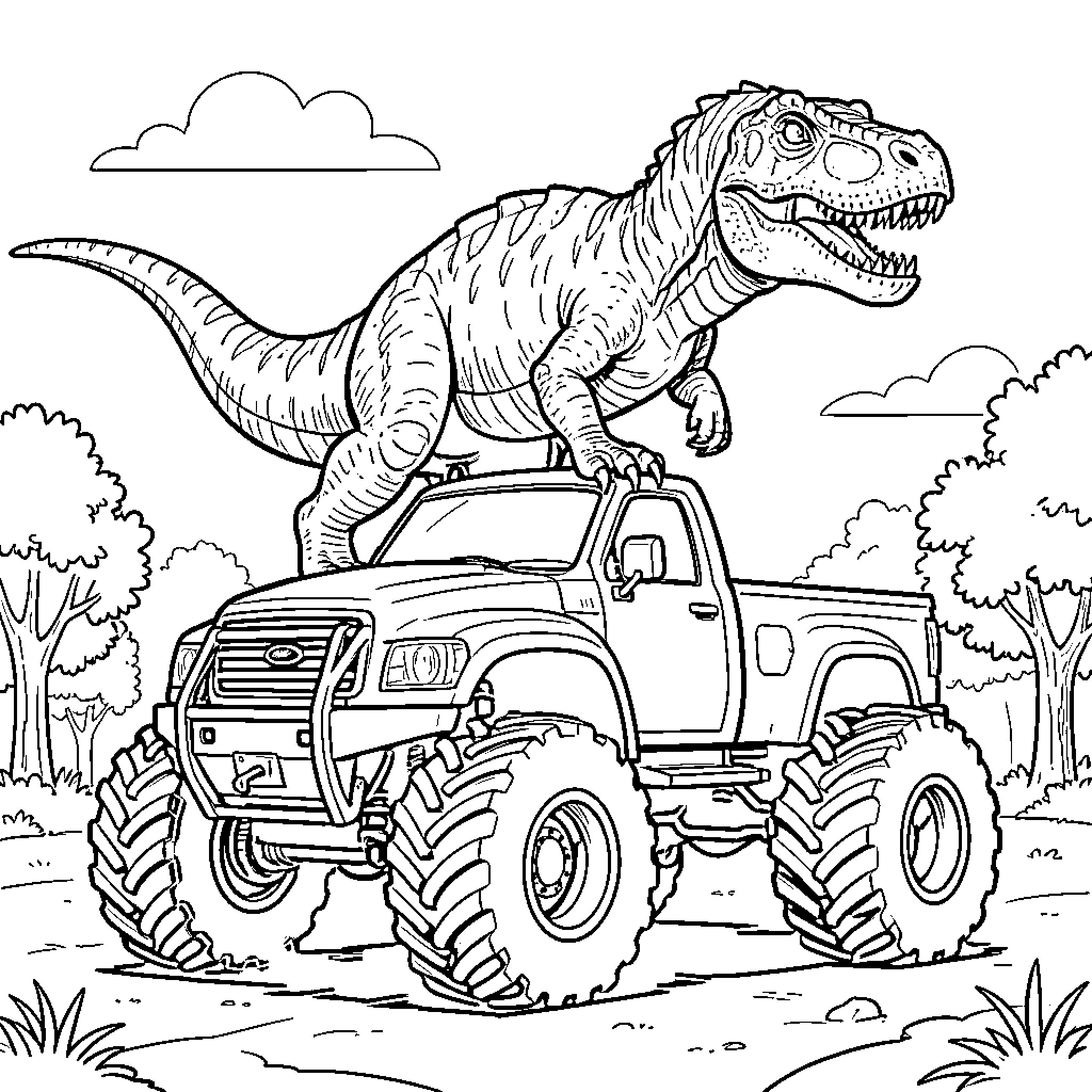 Spinosaurus standing triumphantly atop a large monster truck Coloring Page (free black-and-white line drawing printable PDF for all, from beginners to advanced learners, including children, teens, adults, and seniors)
