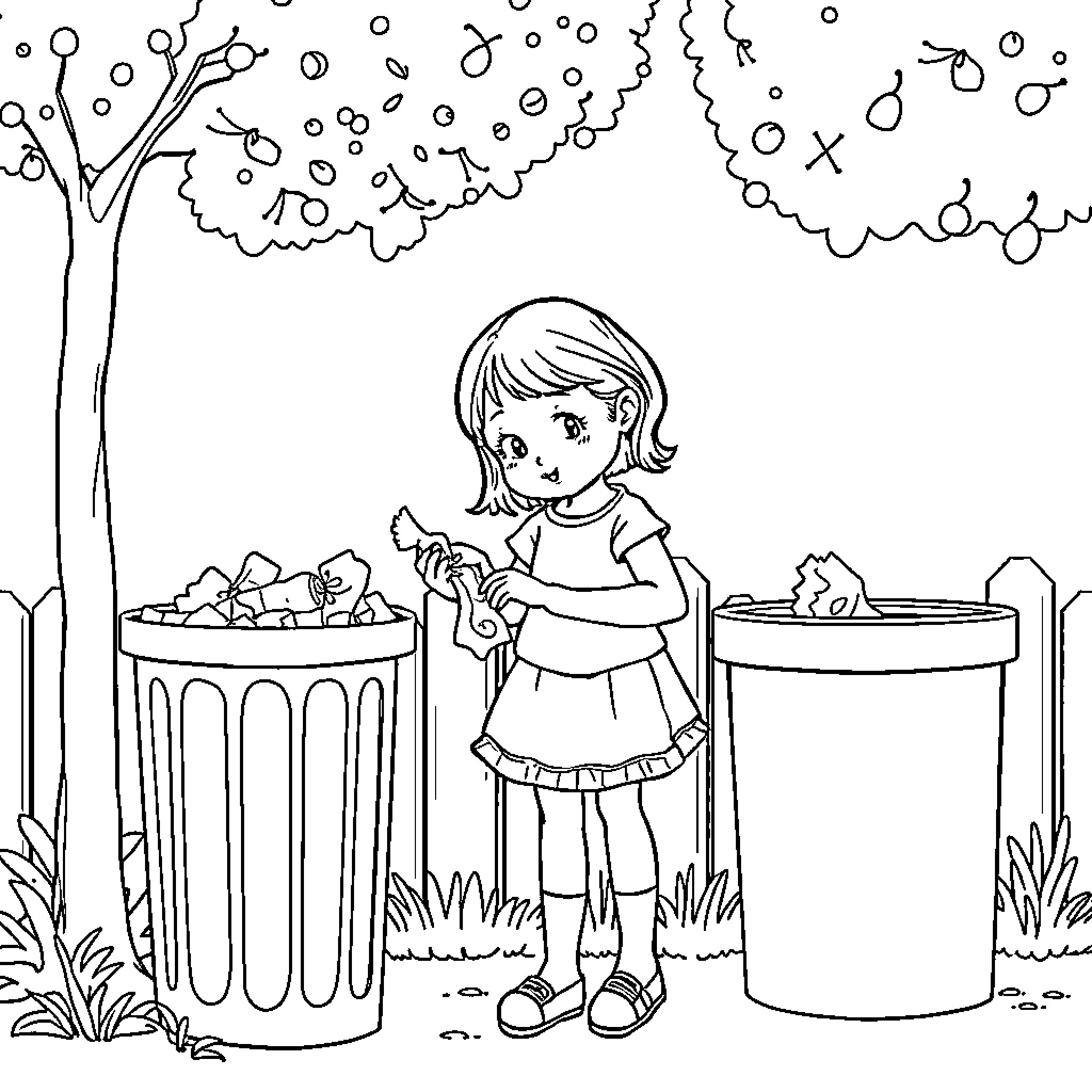 Girl collecting recyclables in the park Coloring Page (free black-and-white line drawing printable PDF for all, from beginners to advanced learners, including children, teens, adults, and seniors)