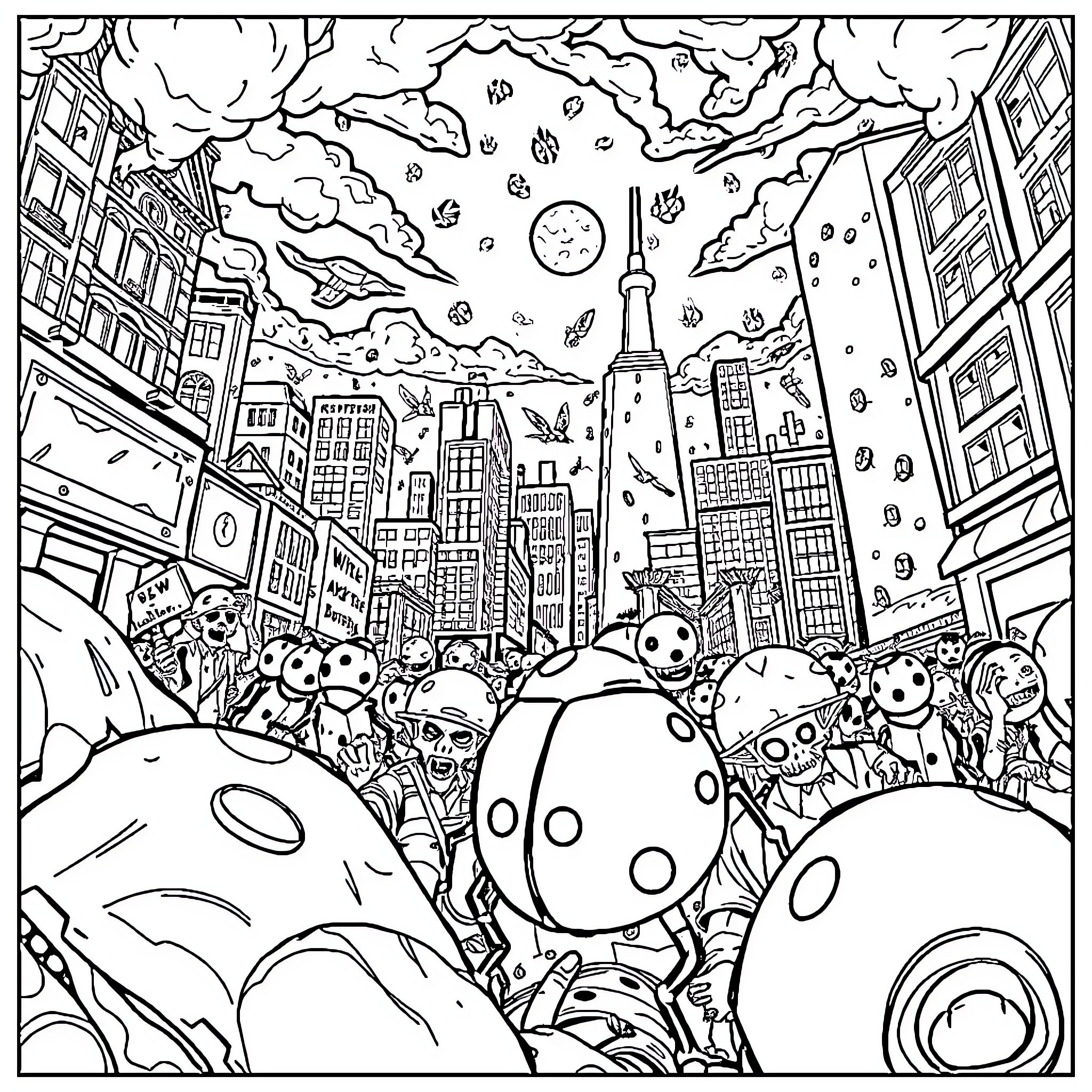 Ladybugs exploring a whimsical city scene Coloring Page (free black-and-white line drawing printable PDF for all, from beginners to advanced learners, including children, teens, adults, and seniors)