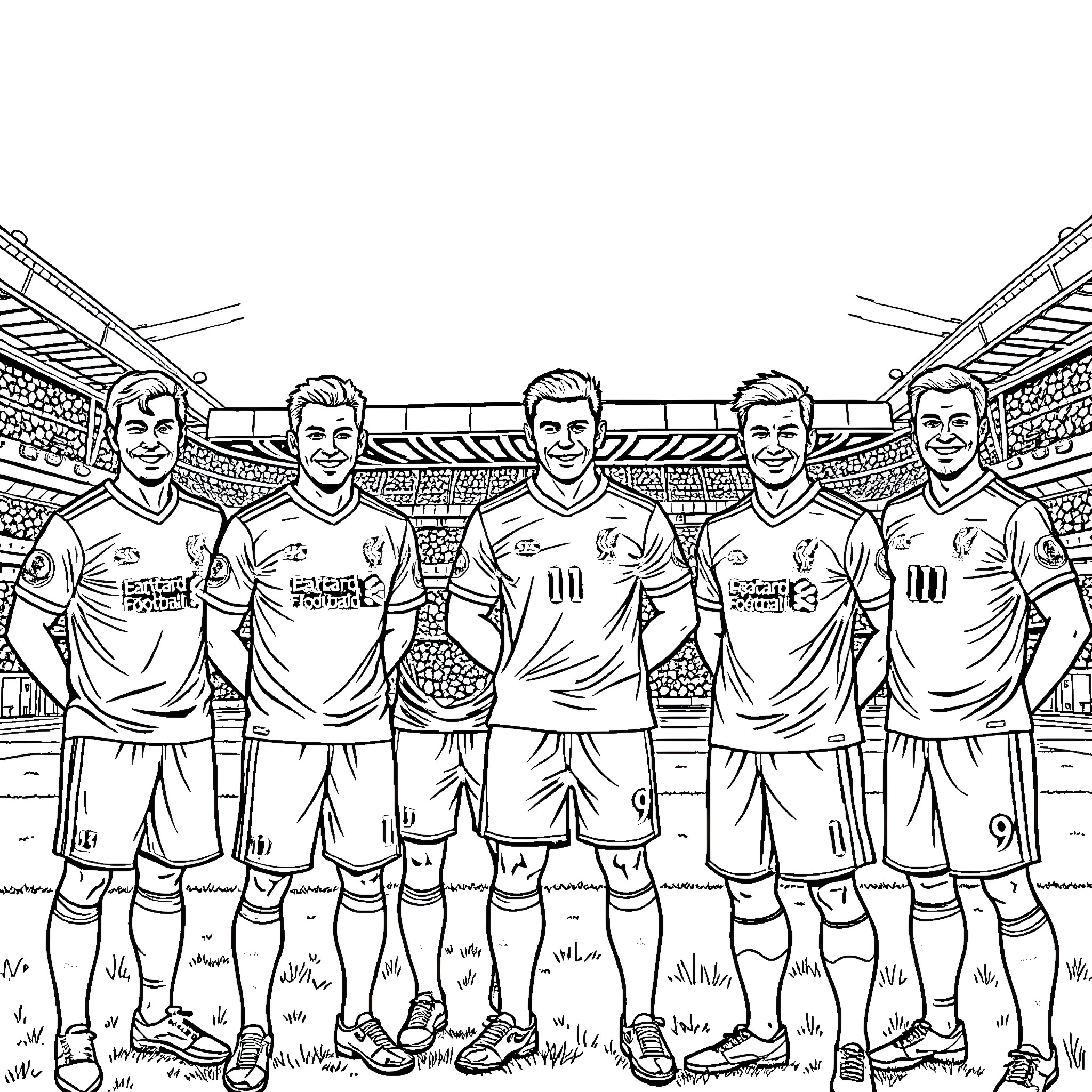 Liverpool Football Club Players Posing Together Coloring Page (free black-and-white line drawing printable PDF for all, from beginners to advanced learners, including children, teens, adults, and seniors)
