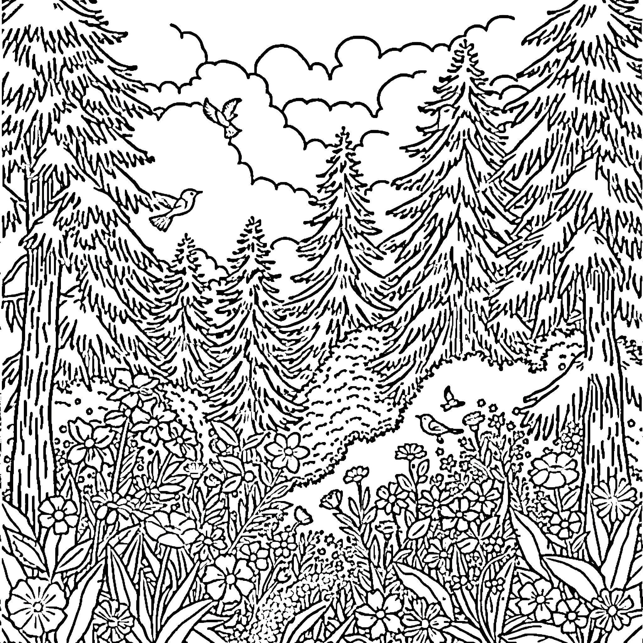 Nature's Vibrant Landscape Coloring Page (free black-and-white line drawing printable PDF for all, from beginners to advanced learners, including children, teens, adults, and seniors)