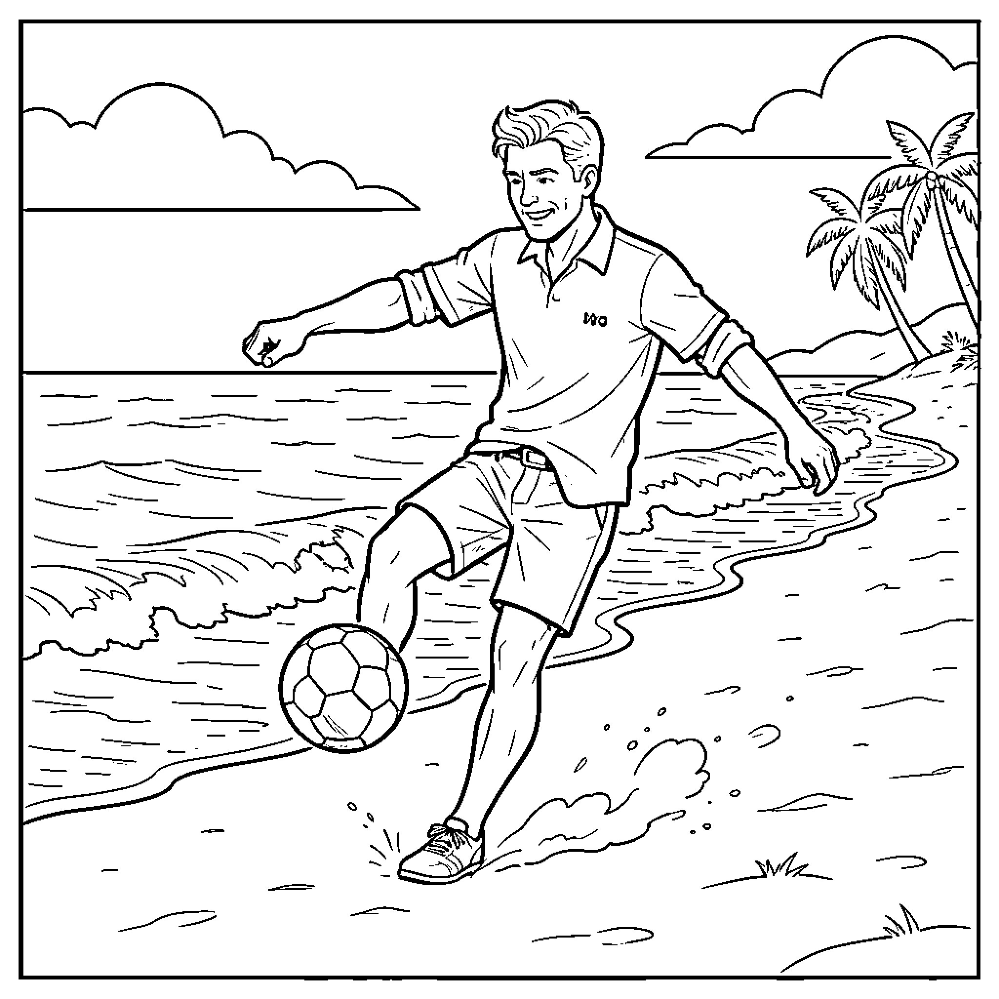 Barman playing soccer on the sunny beach Coloring Page (free black-and-white line drawing printable PDF for all, from beginners to advanced learners, including children, teens, adults, and seniors)