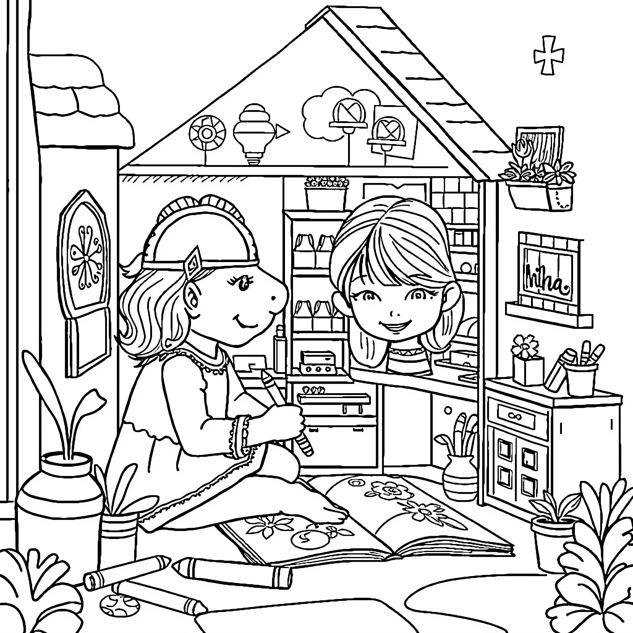 Olivia's Cozy Crafting Corner Coloring Page (free black-and-white line drawing printable PDF for all, from beginners to advanced learners, including children, teens, adults, and seniors)