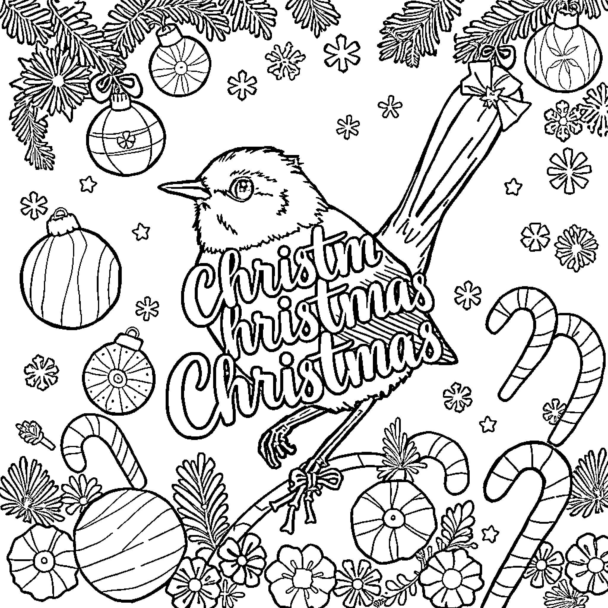 Wren celebrating the Christmas season Coloring Page (free black-and-white line drawing printable PDF for all, from beginners to advanced learners, including children, teens, adults, and seniors)