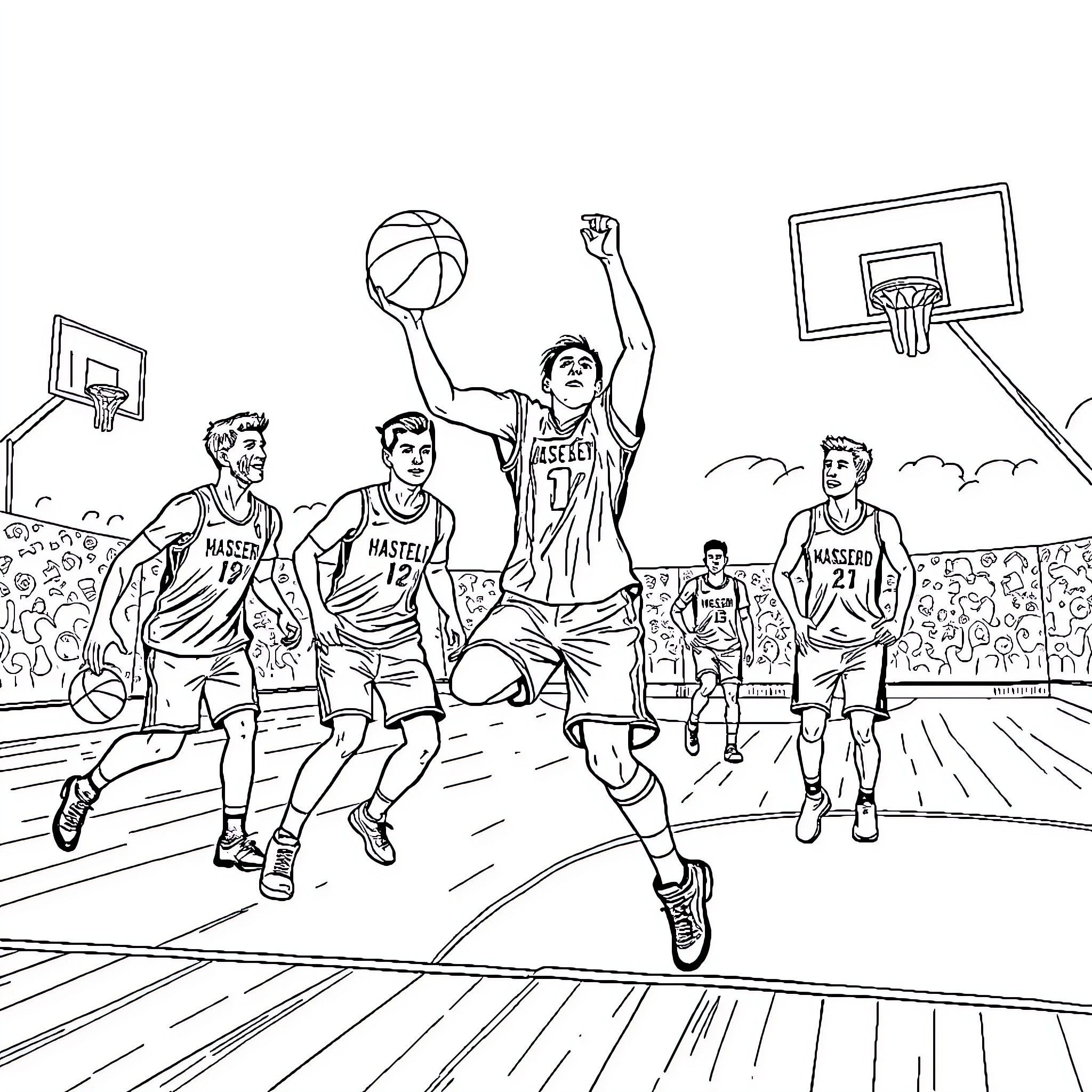 Messi and teammates competing in a basketball game Coloring Page (free black-and-white line drawing printable PDF for all, from beginners to advanced learners, including children, teens, adults, and seniors)