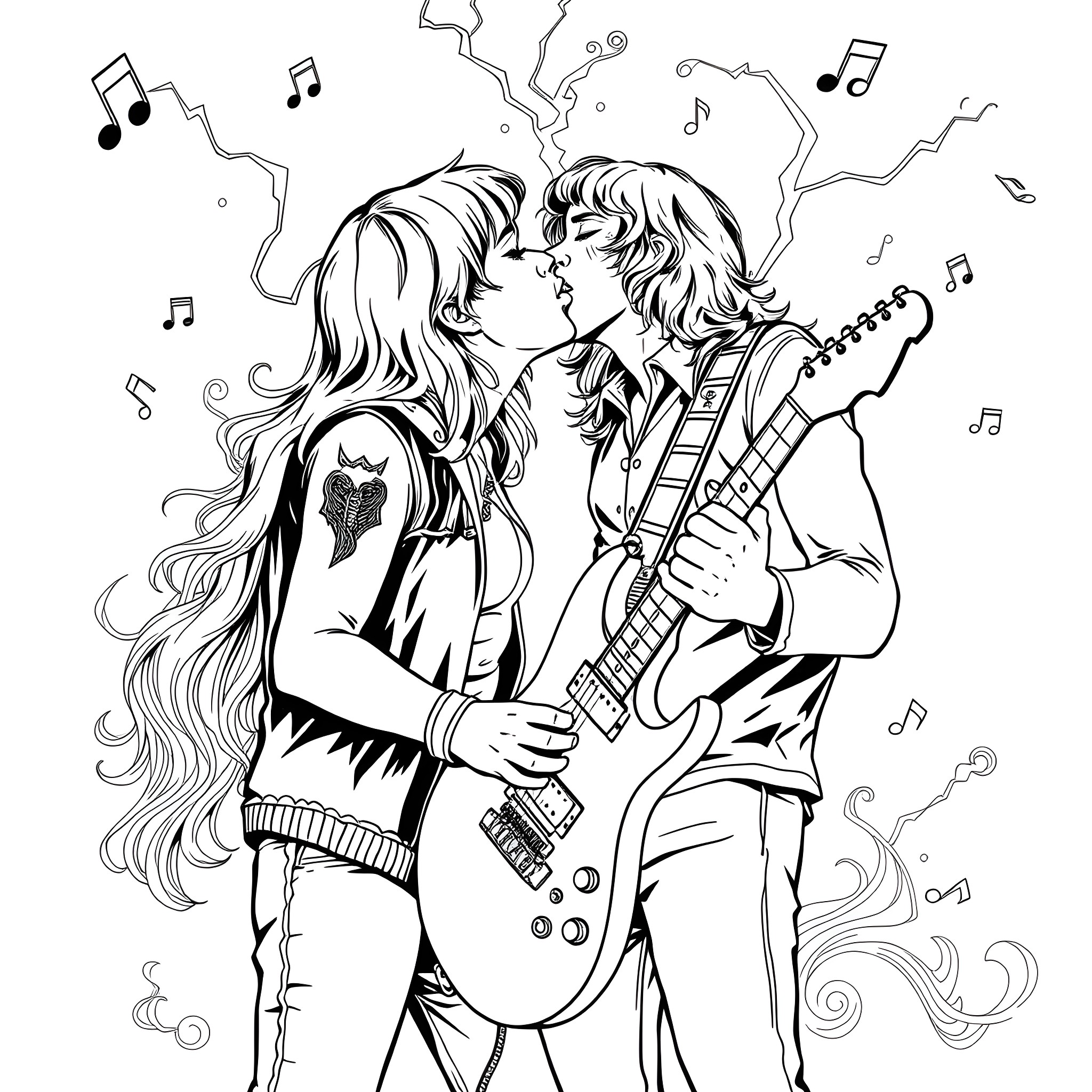 Jojo's romantic music performance together Coloring Page (free black-and-white line drawing printable PDF for all, from beginners to advanced learners, including children, teens, adults, and seniors)
