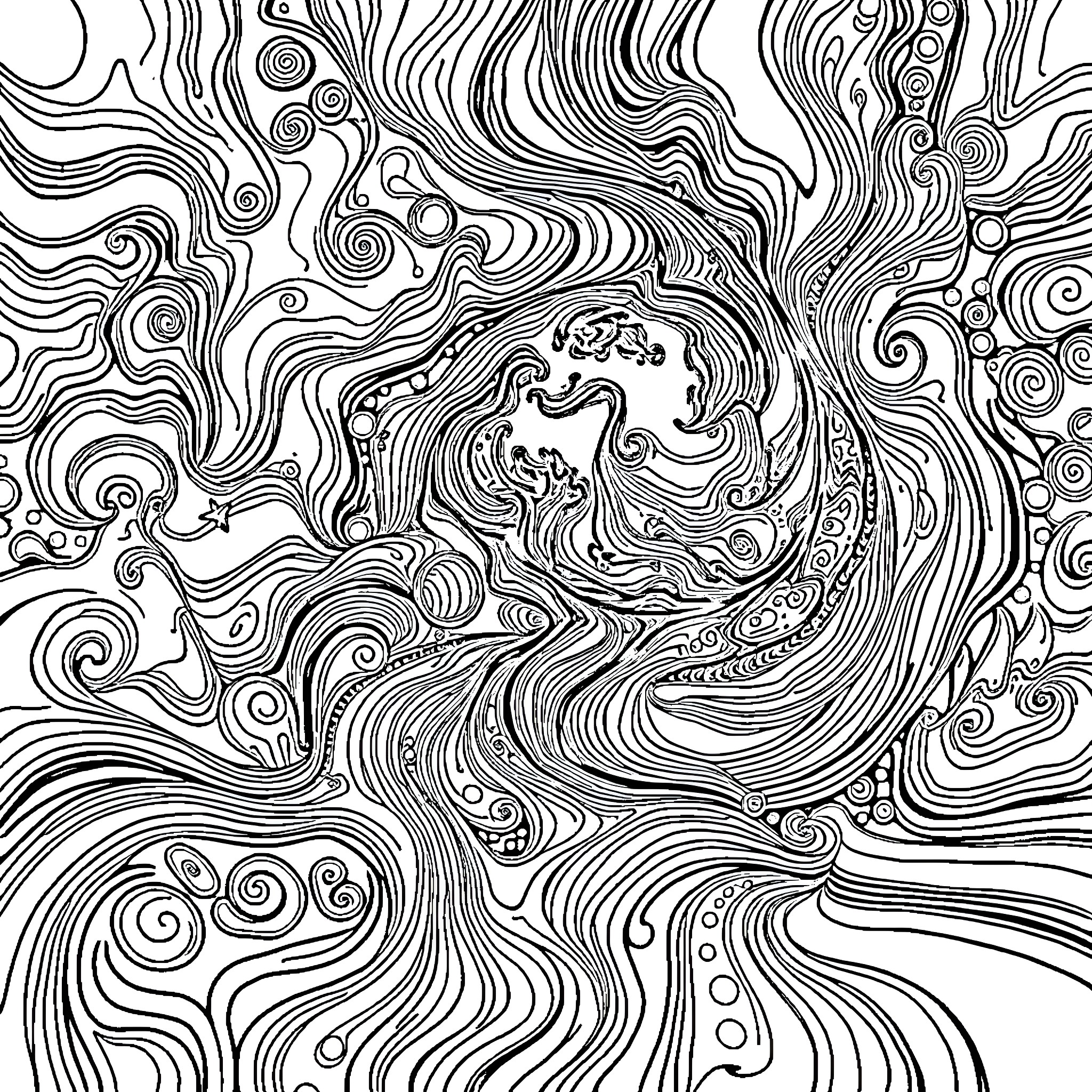 Pattern of Abstract Swirling Shapes Coloring Page (free black-and-white line drawing printable PDF for all, from beginners to advanced learners, including children, teens, adults, and seniors)