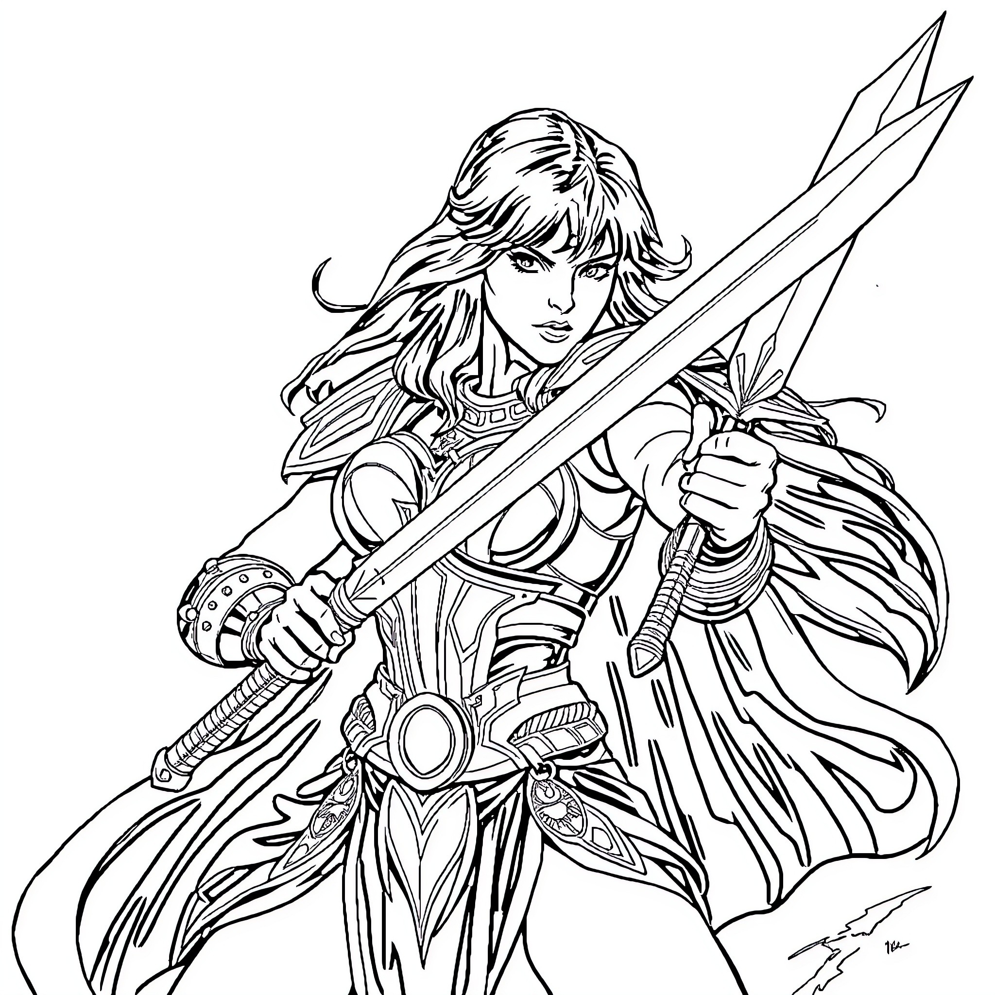 Xena, the Fierce Warrior Princess in Action Coloring Page (free black-and-white line drawing printable PDF for all, from beginners to advanced learners, including children, teens, adults, and seniors)