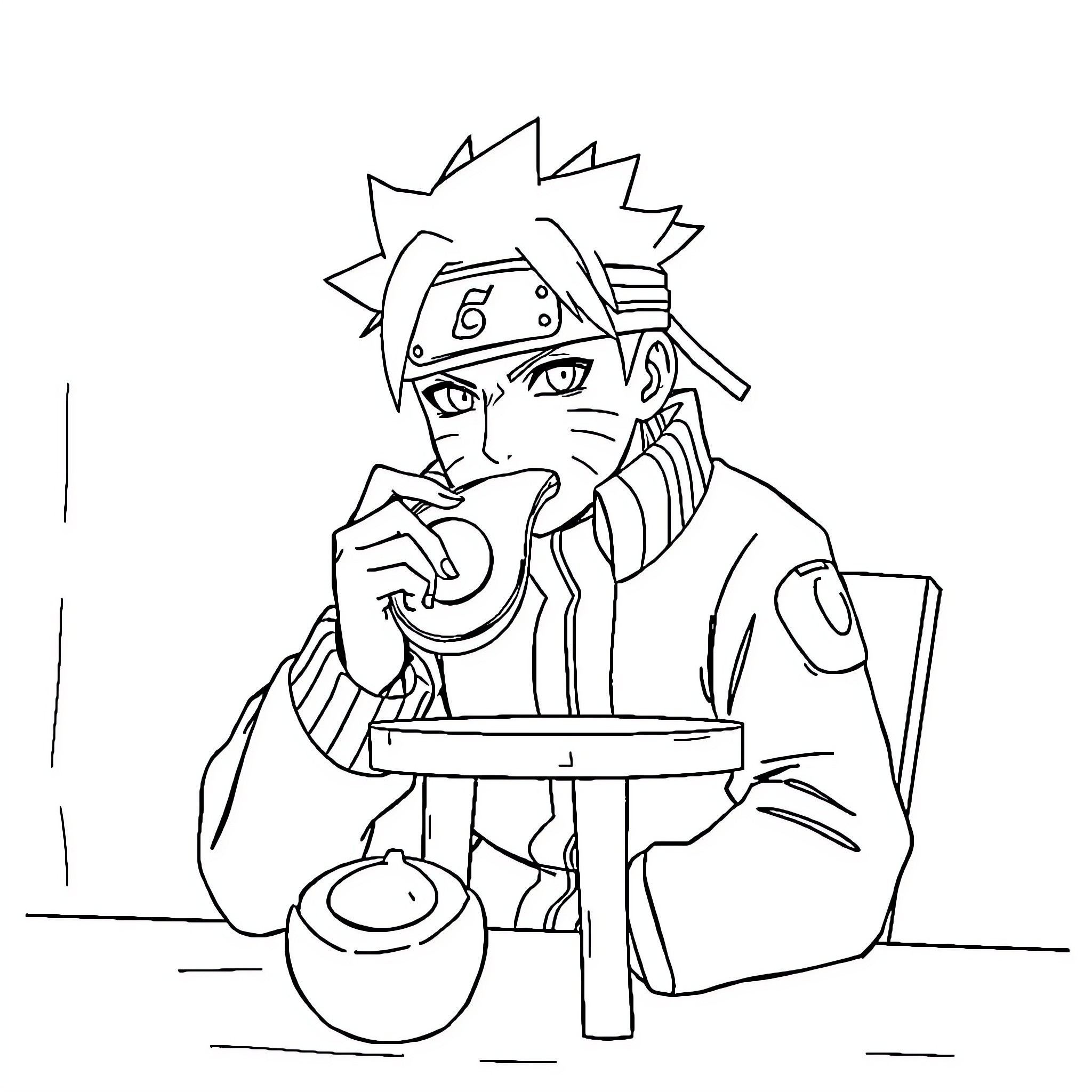 Naruto enjoying a tasty snack in thoughtful pose Coloring Page (free black-and-white line drawing printable PDF for all, from beginners to advanced learners, including children, teens, adults, and seniors)