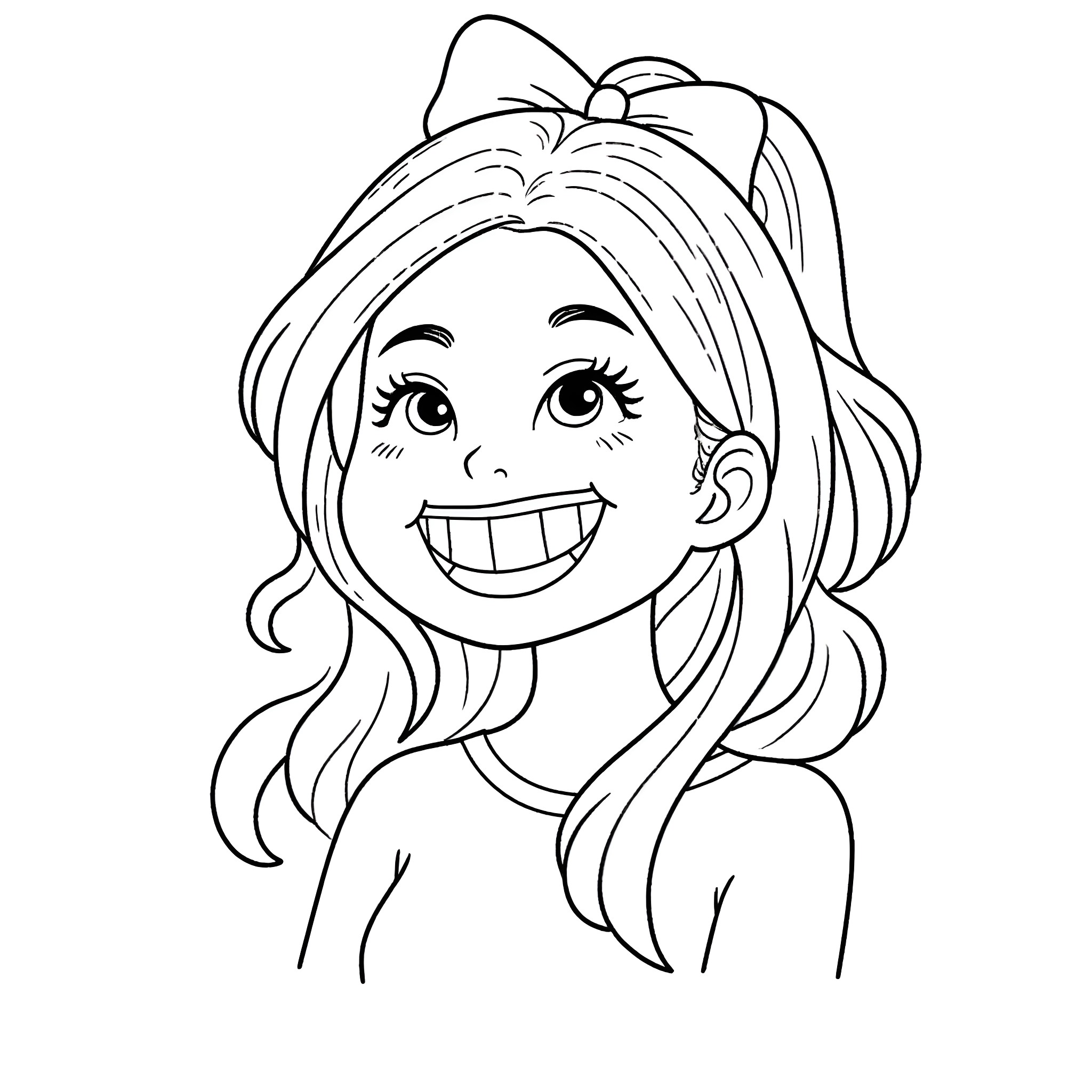 Girl with happy expression and flowing hair Coloring Page (free black-and-white line drawing printable PDF for all, from beginners to advanced learners, including children, teens, adults, and seniors)