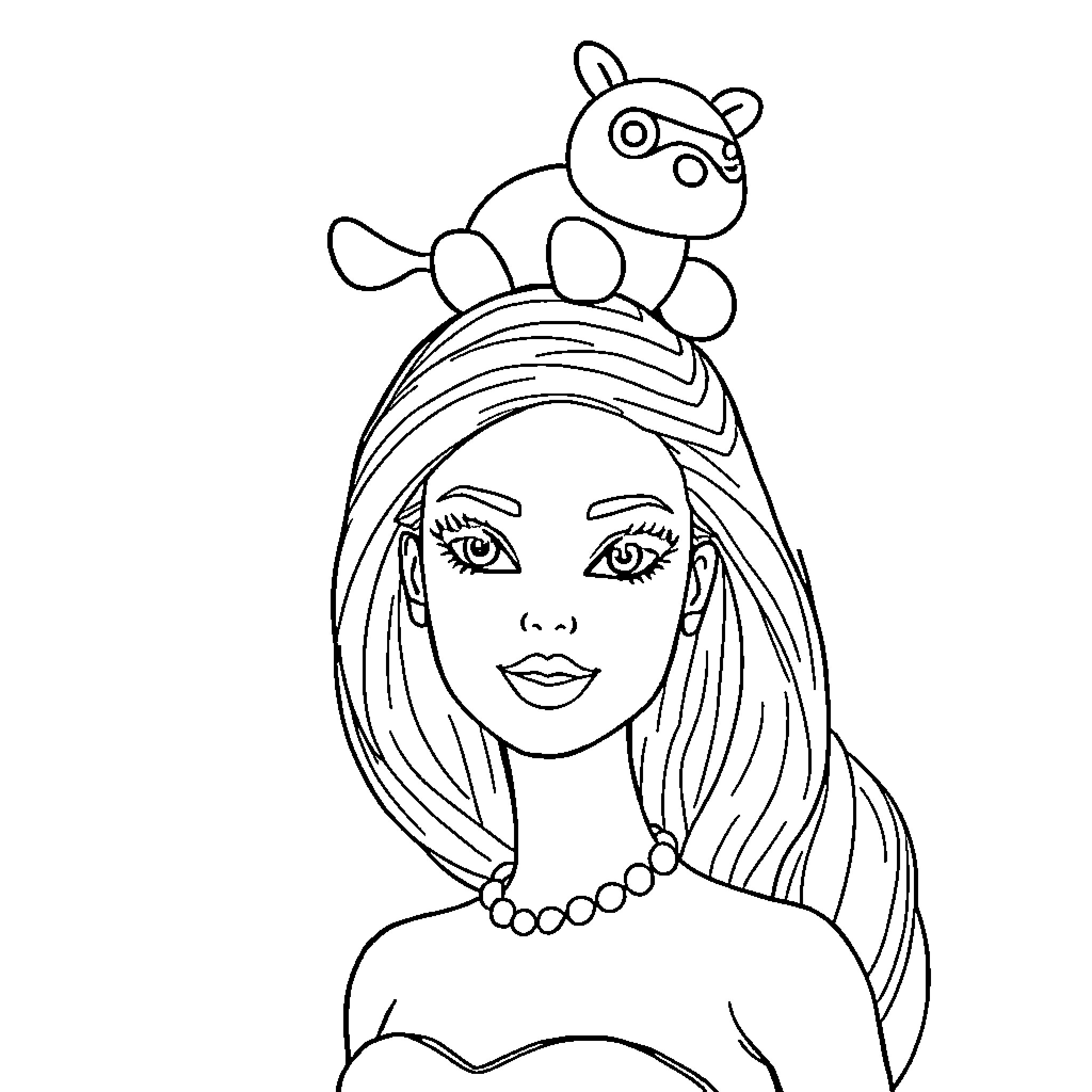Barbie balancing toy on head with confident expression Coloring Page (free black-and-white line drawing printable PDF for all, from beginners to advanced learners, including children, teens, adults, and seniors)
