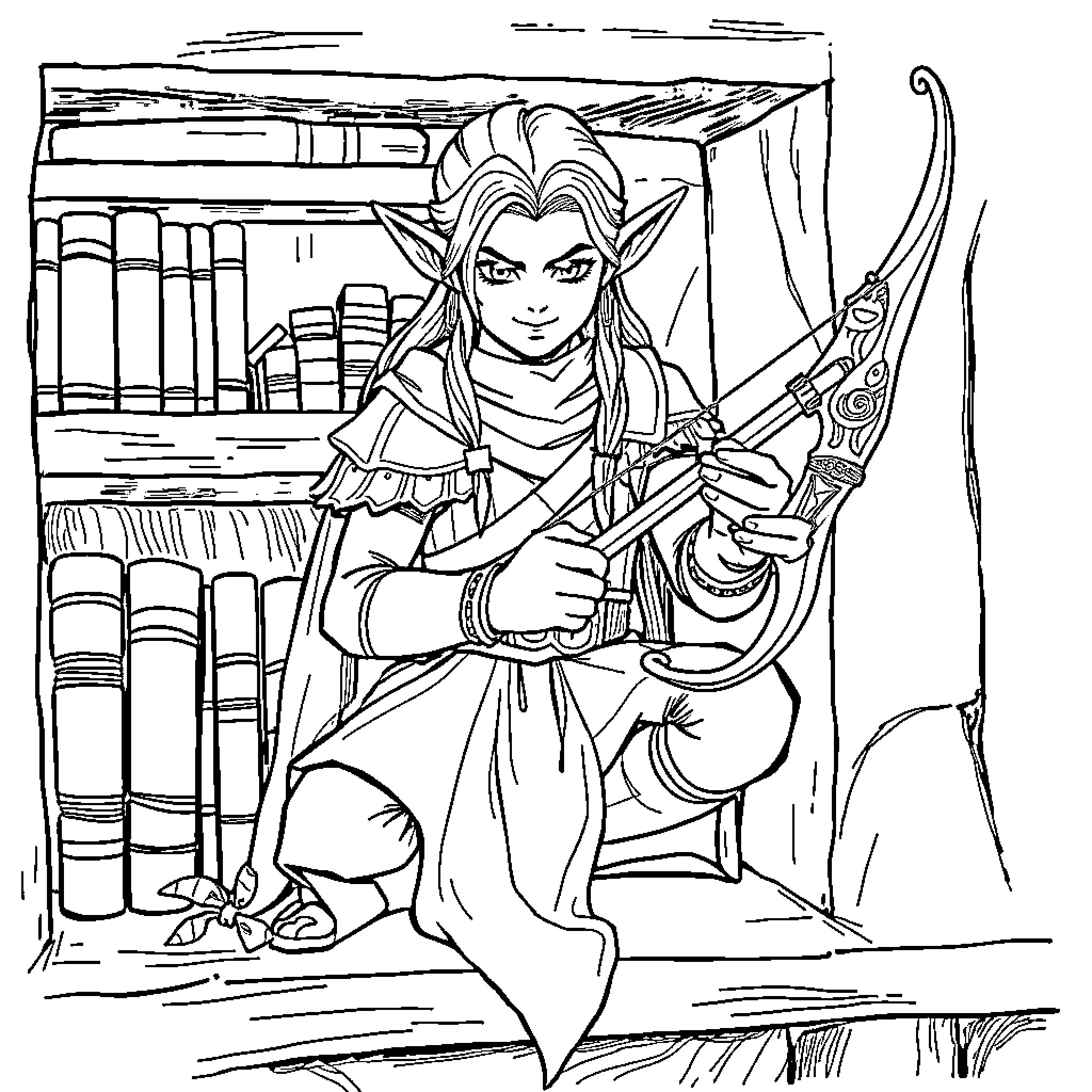 Legolas the Elf Warrior in a Magical Library Coloring Page (free black-and-white line drawing printable PDF for all, from beginners to advanced learners, including children, teens, adults, and seniors)