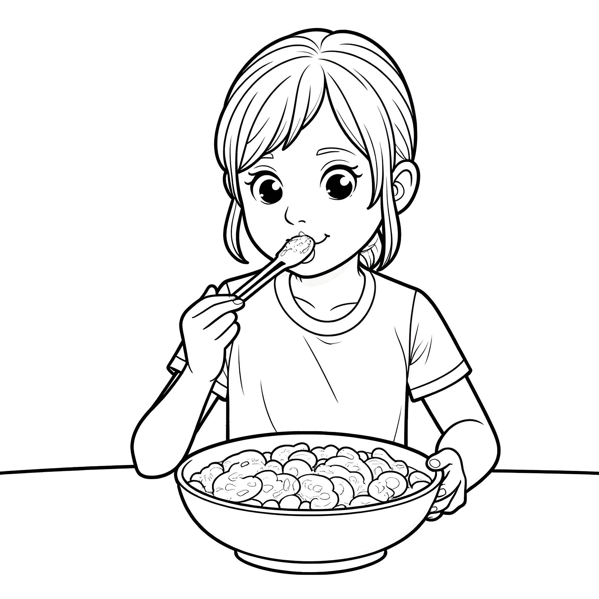 Girl eating a healthy snack Coloring Page (free black-and-white line drawing printable PDF for all, from beginners to advanced learners, including children, teens, adults, and seniors)