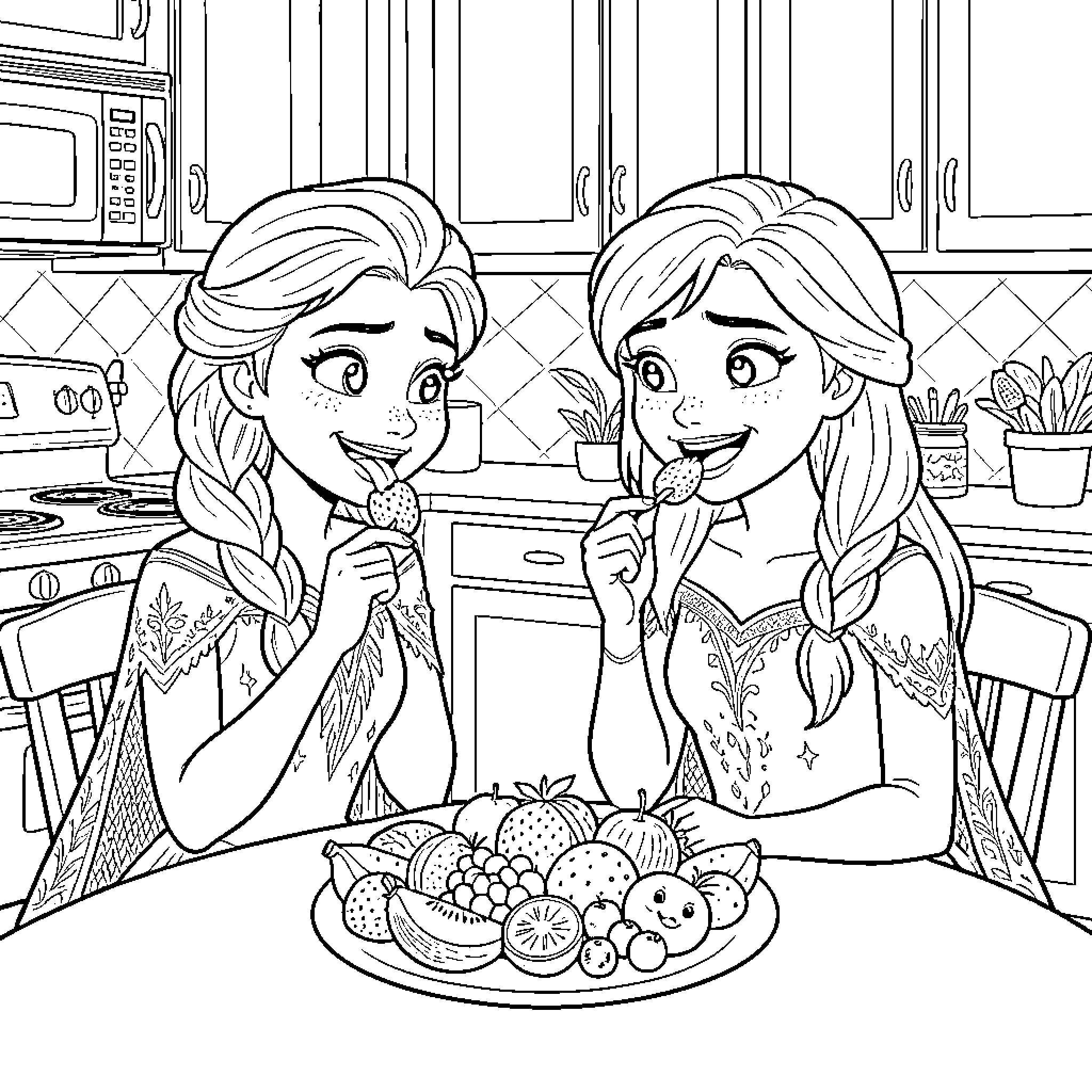 Elsa and Anna enjoying a healthy snack together Coloring Page (free black-and-white line drawing printable PDF for all, from beginners to advanced learners, including children, teens, adults, and seniors)
