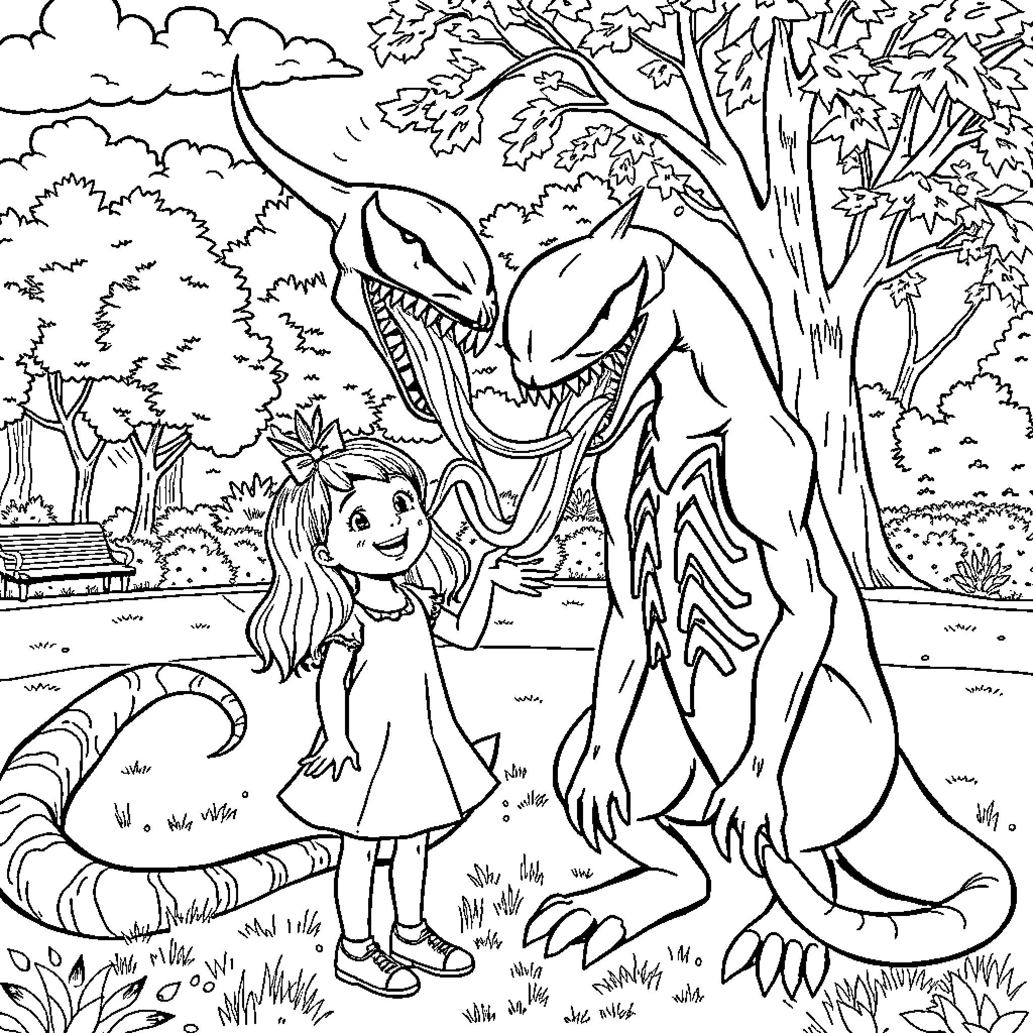 Venom unleashed in a vibrant nature scene Coloring Page (free black-and-white line drawing printable PDF for all, from beginners to advanced learners, including children, teens, adults, and seniors)
