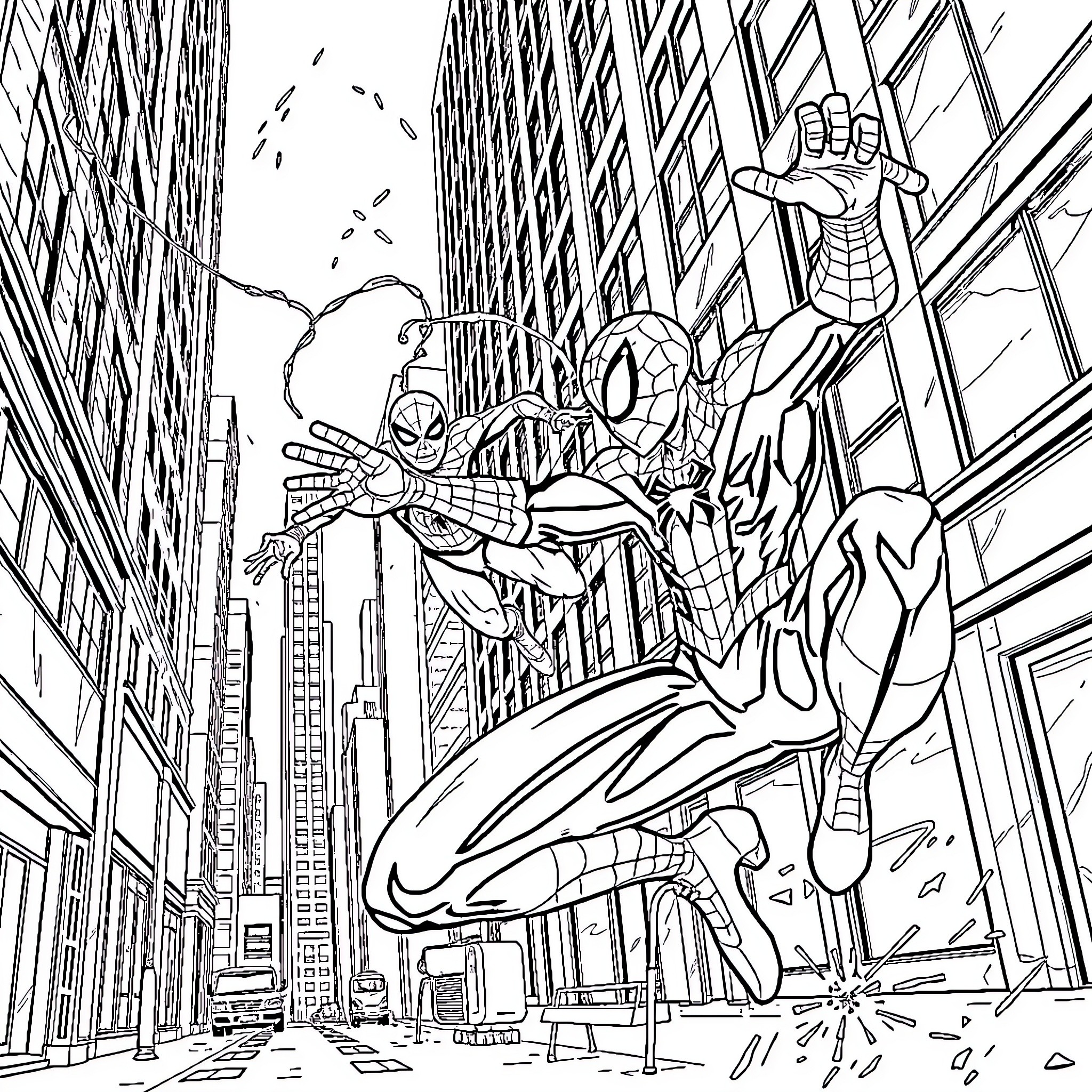 Spider-Man Swinging Through a City Skyline Coloring Page (free black-and-white line drawing printable PDF for all, from beginners to advanced learners, including children, teens, adults, and seniors)
