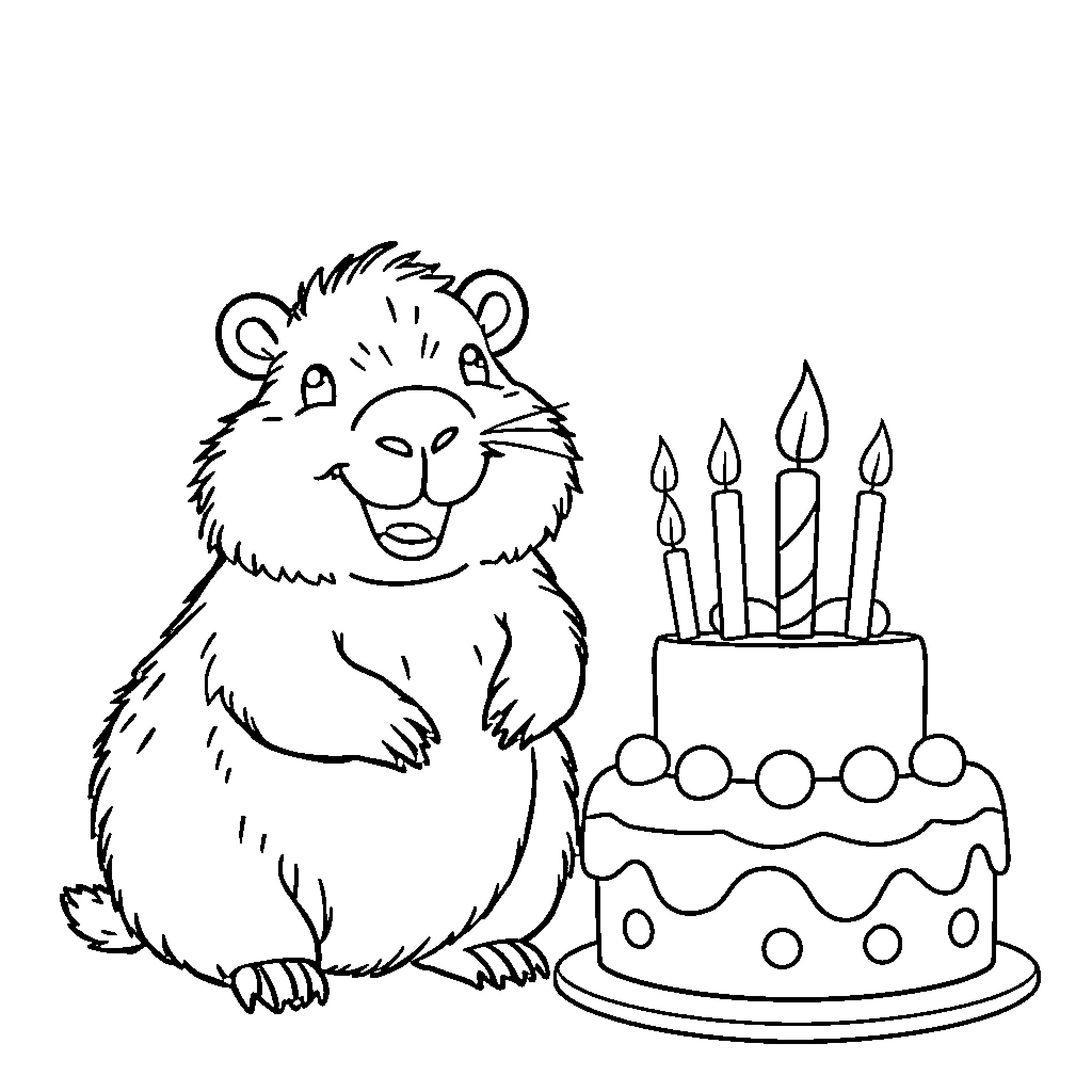 Capybara celebrating birthday with cake Coloring Page (free black-and-white line drawing printable PDF for all, from beginners to advanced learners, including children, teens, adults, and seniors)