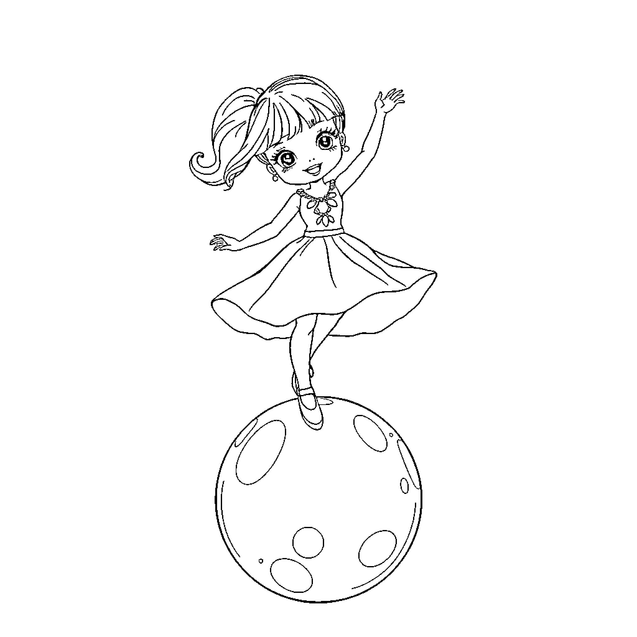 Doll dancing joyfully on the moon Coloring Page (free black-and-white line drawing printable PDF for all, from beginners to advanced learners, including children, teens, adults, and seniors)