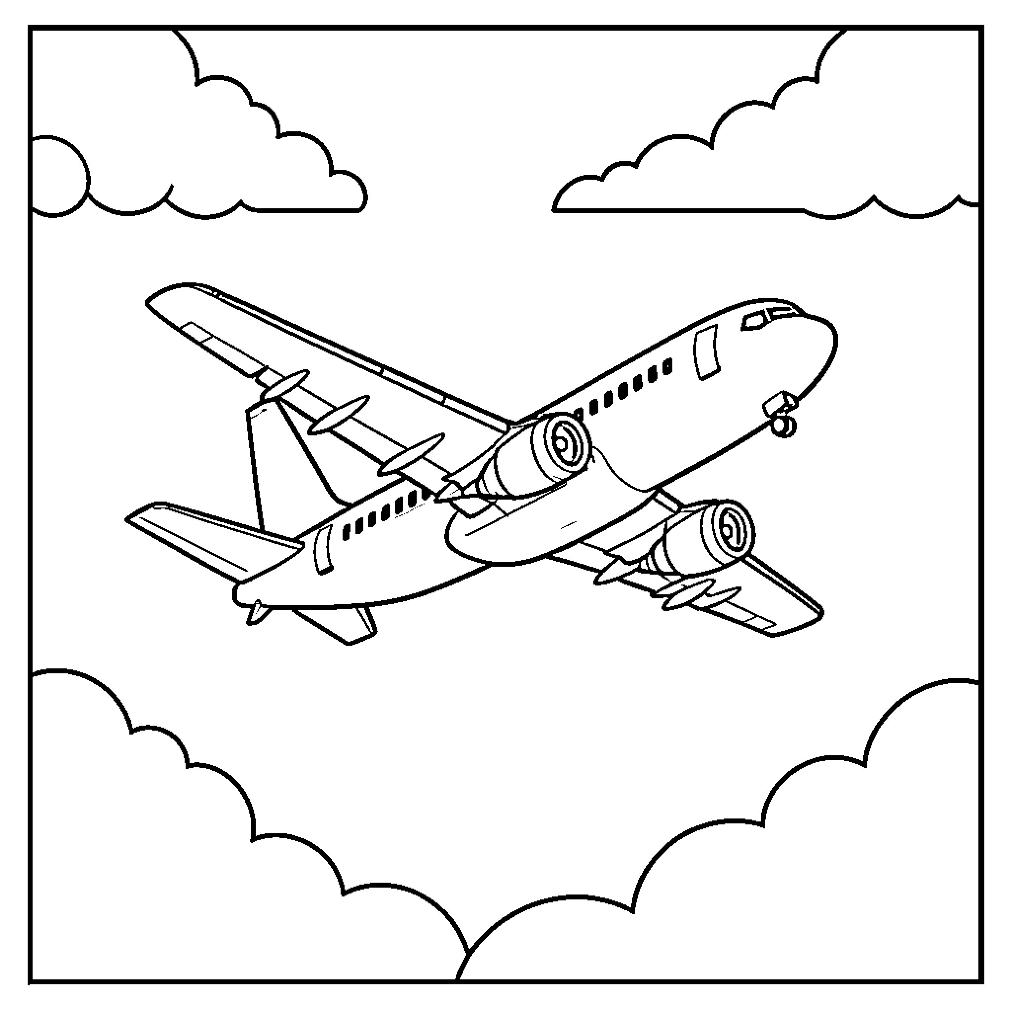Airplane flying high through the fluffy clouds Coloring Page (free black-and-white line drawing printable PDF for all, from beginners to advanced learners, including children, teens, adults, and seniors)