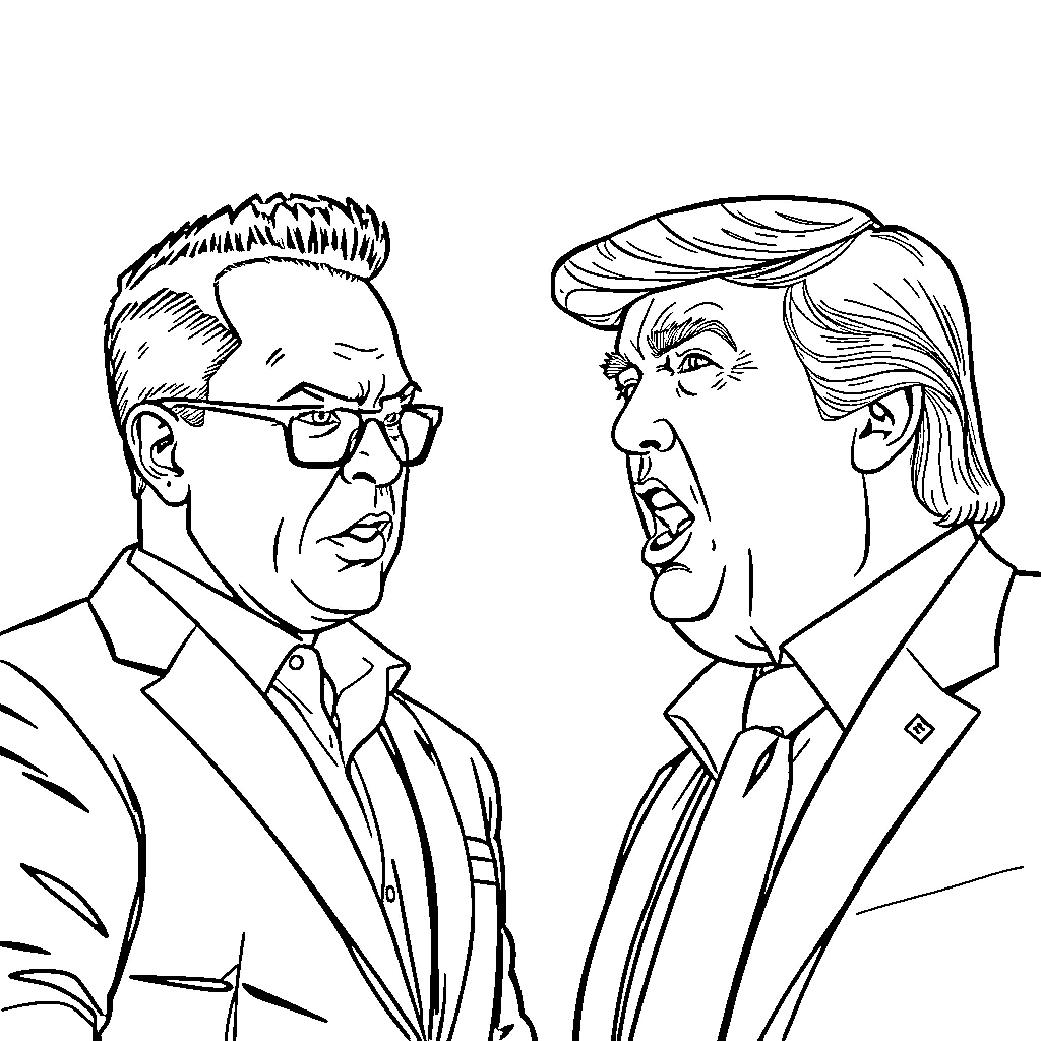 Gustavo Petro and Donald Trump in animated depiction Coloring Page (free black-and-white line drawing printable PDF for all, from beginners to advanced learners, including children, teens, adults, and seniors)