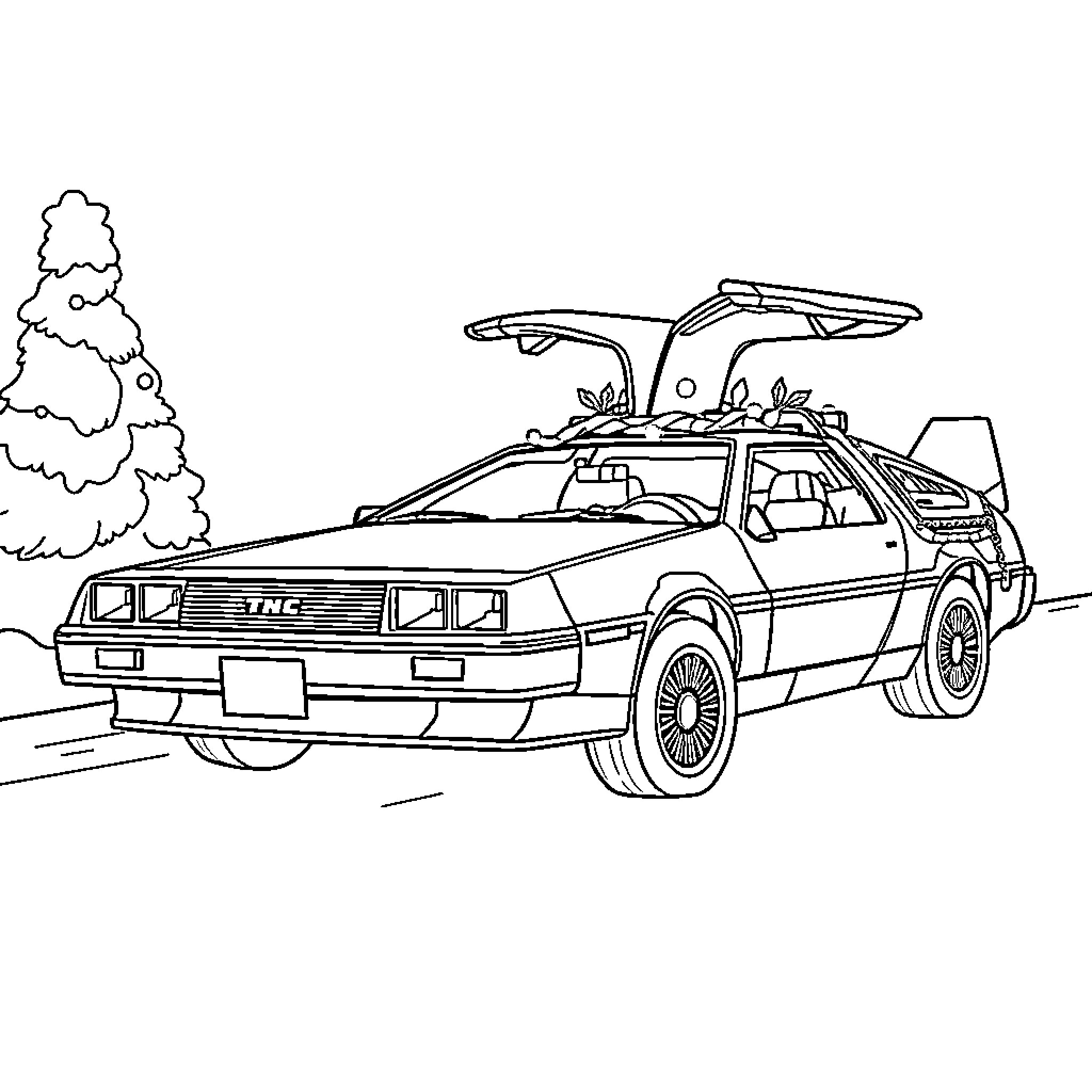 DeLorean time machine in futuristic outdoor setting Coloring Page (free black-and-white line drawing printable PDF for all, from beginners to advanced learners, including children, teens, adults, and seniors)