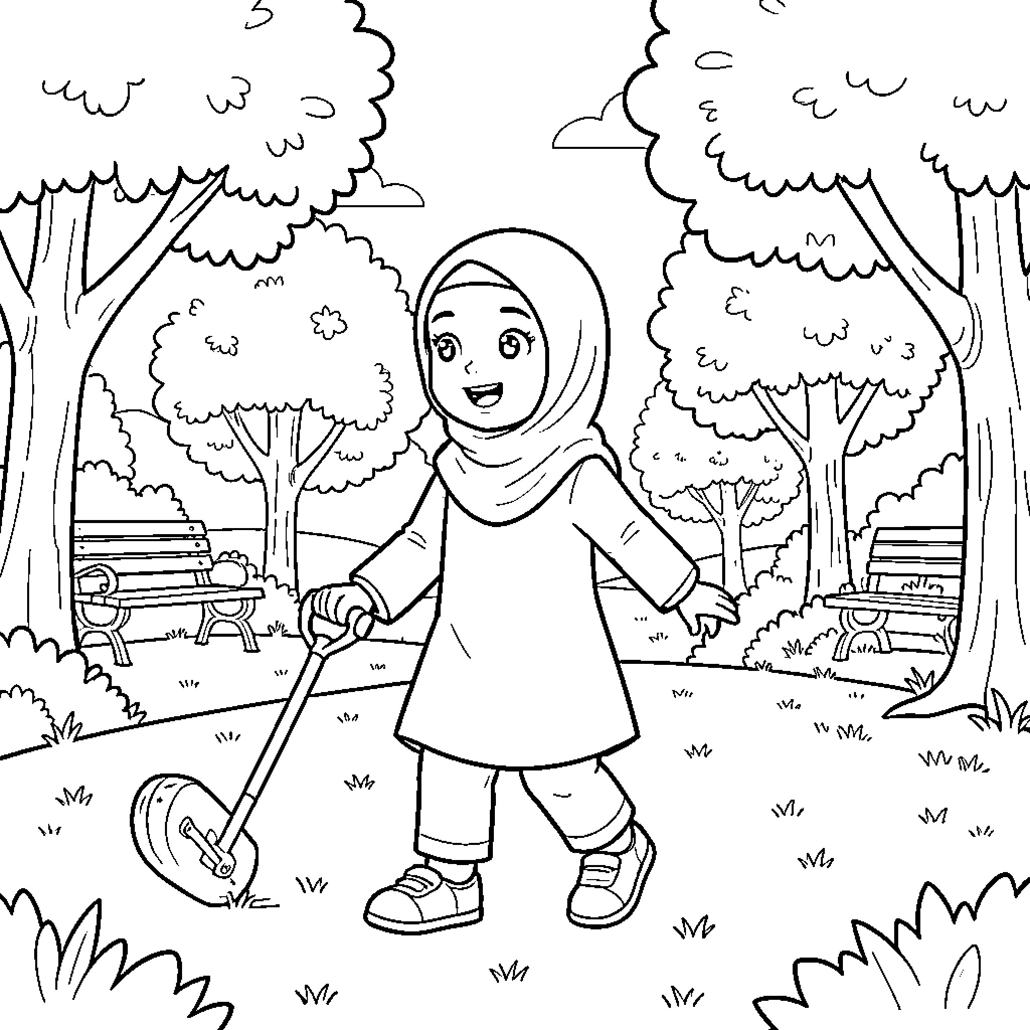 Hijab Kid walking through a peaceful park Coloring Page (free black-and-white line drawing printable PDF for all, from beginners to advanced learners, including children, teens, adults, and seniors)