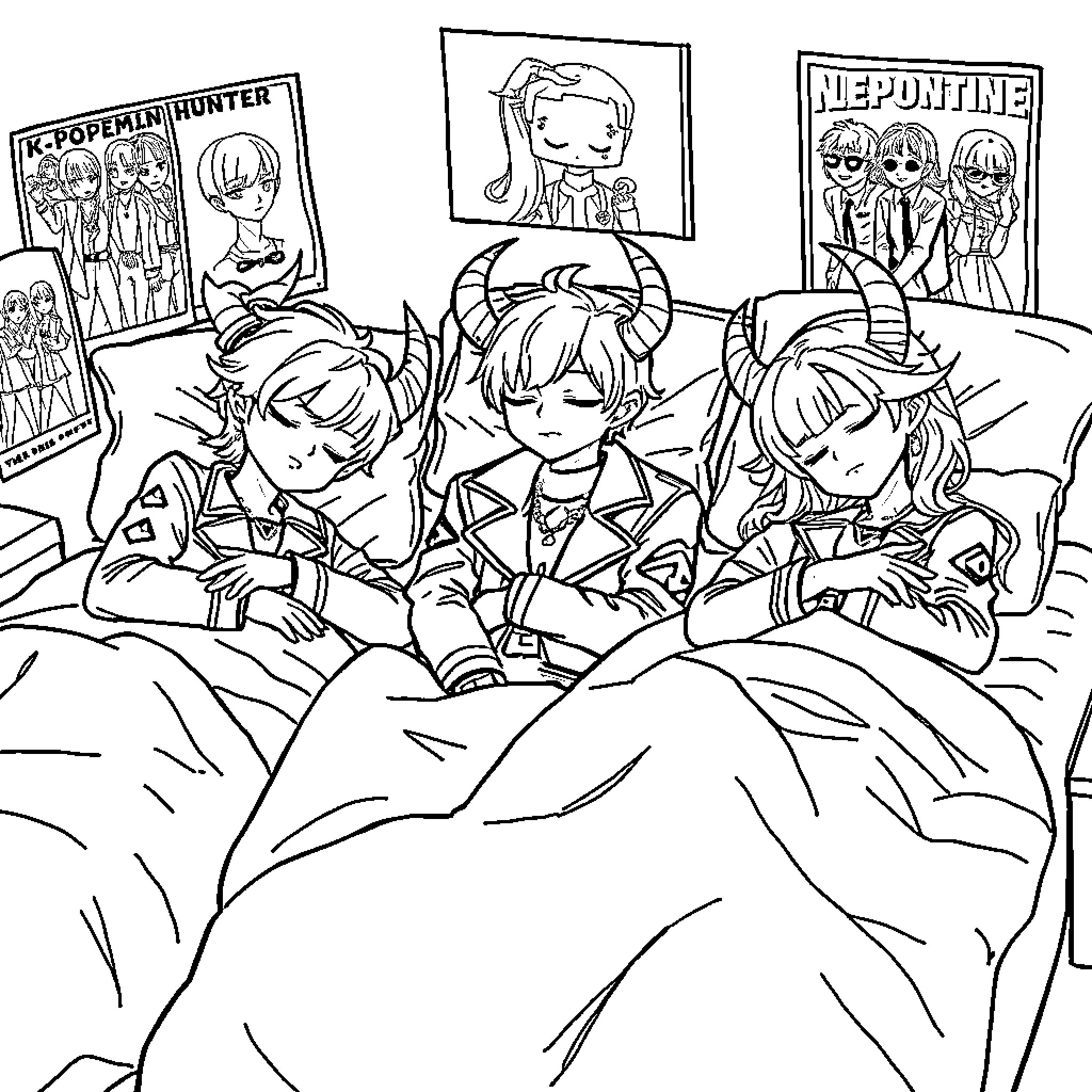 Saja Boys Enjoying Anime Posters and Relaxing Together Coloring Page (free black-and-white line drawing printable PDF for all, from beginners to advanced learners, including children, teens, adults, and seniors)