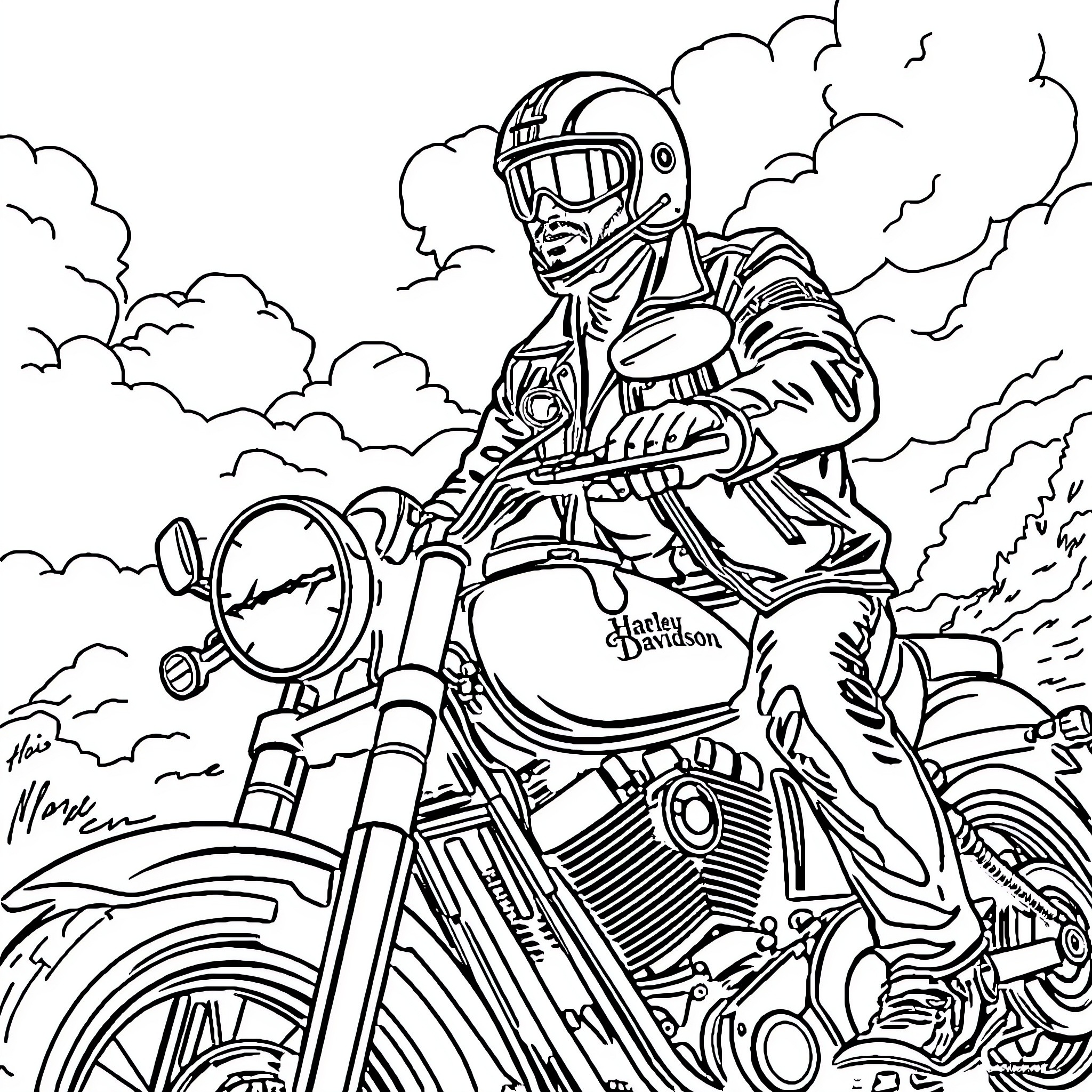Man riding motorcycle through stormy clouds Coloring Page (free black-and-white line drawing printable PDF for all, from beginners to advanced learners, including children, teens, adults, and seniors)