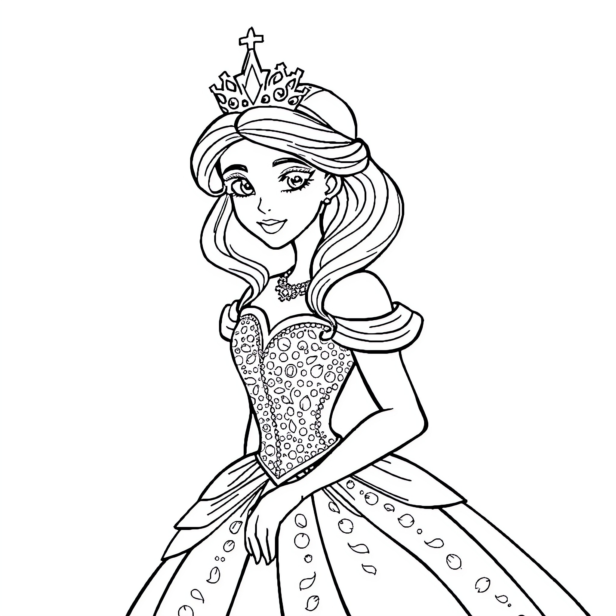 Princess in Sparkling Dress and Crown Coloring Page (free black-and-white line drawing printable PDF for all, from beginners to advanced learners, including children, teens, adults, and seniors)