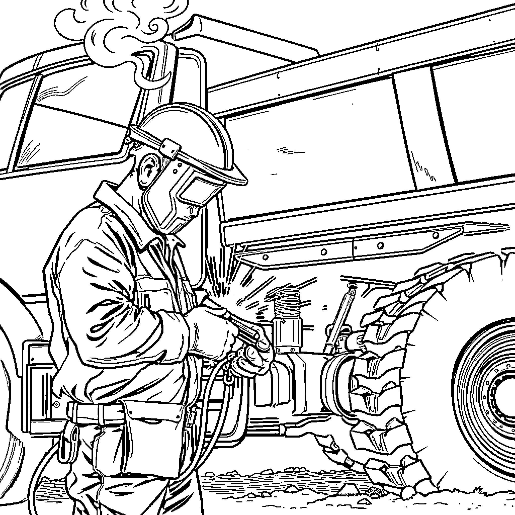 Welder working diligently in industrial setting Coloring Page (free black-and-white line drawing printable PDF for all, from beginners to advanced learners, including children, teens, adults, and seniors)