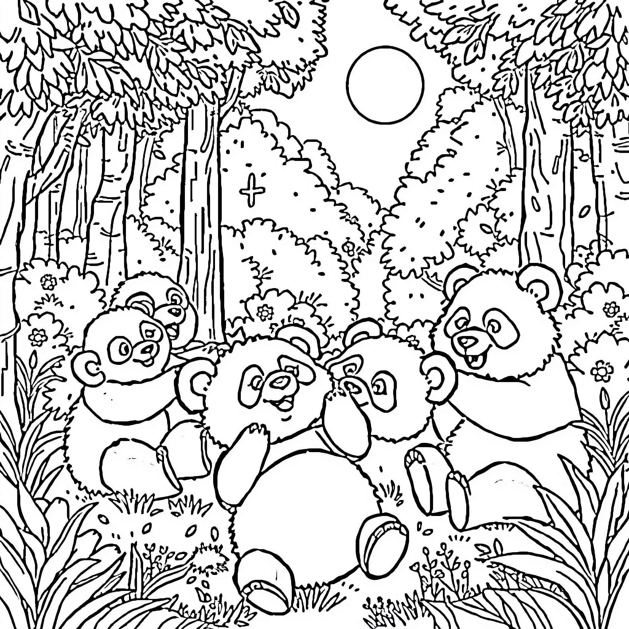 Huntrix Pandas in the Enchanted Forest Coloring Page (free black-and-white line drawing printable PDF for all, from beginners to advanced learners, including children, teens, adults, and seniors)