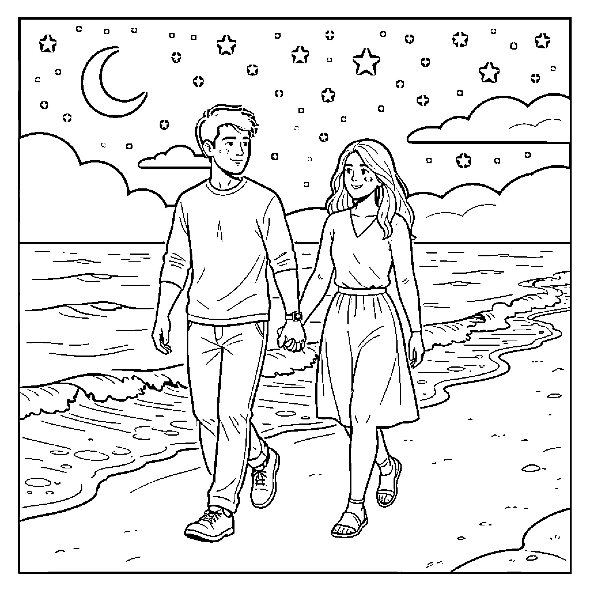 Couple strolling on the beach under the starry sky Coloring Page (free black-and-white line drawing printable PDF for all, from beginners to advanced learners, including children, teens, adults, and seniors)