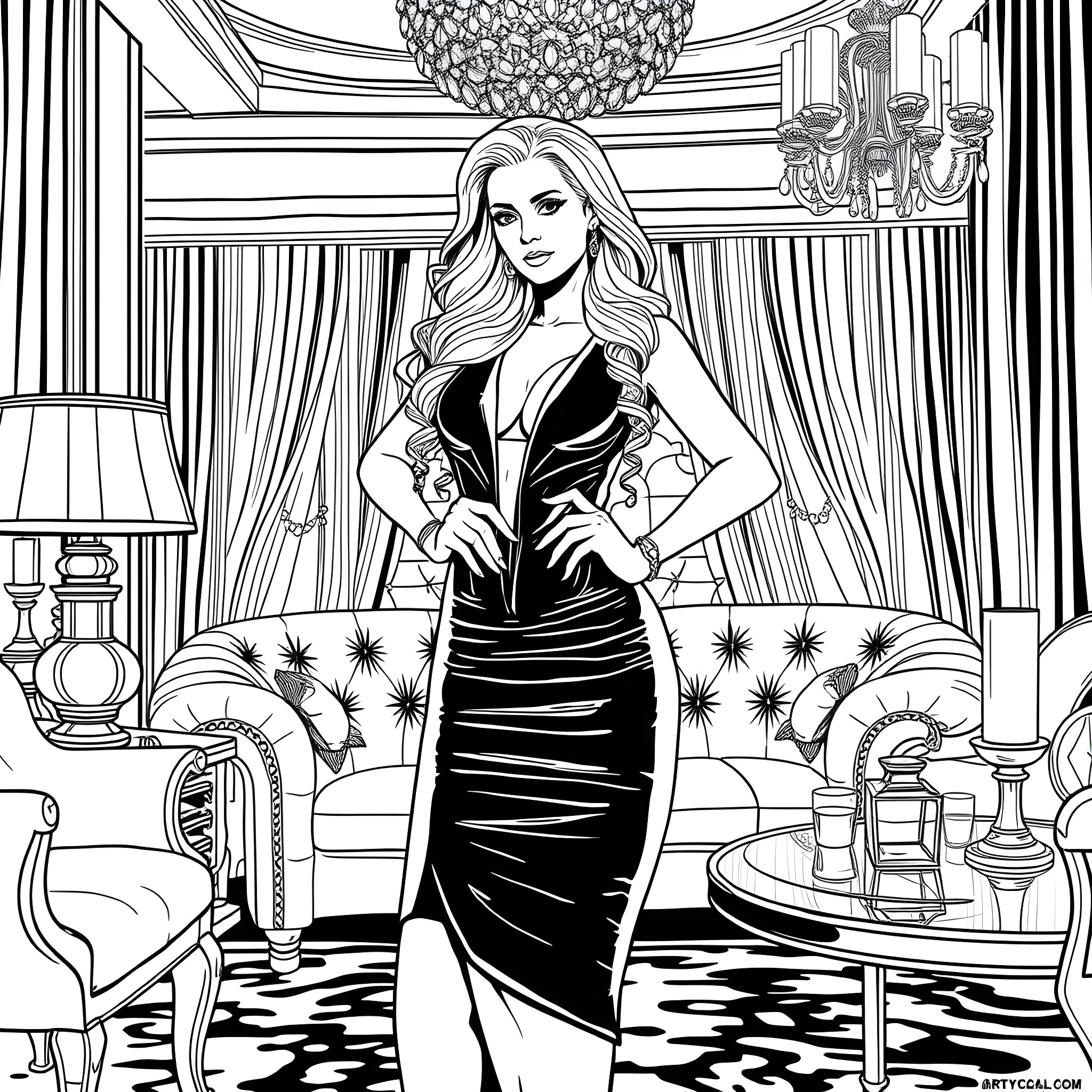 Paris Hilton dressed elegantly in a luxurious room Coloring Page (free black-and-white line drawing printable PDF for all, from beginners to advanced learners, including children, teens, adults, and seniors)