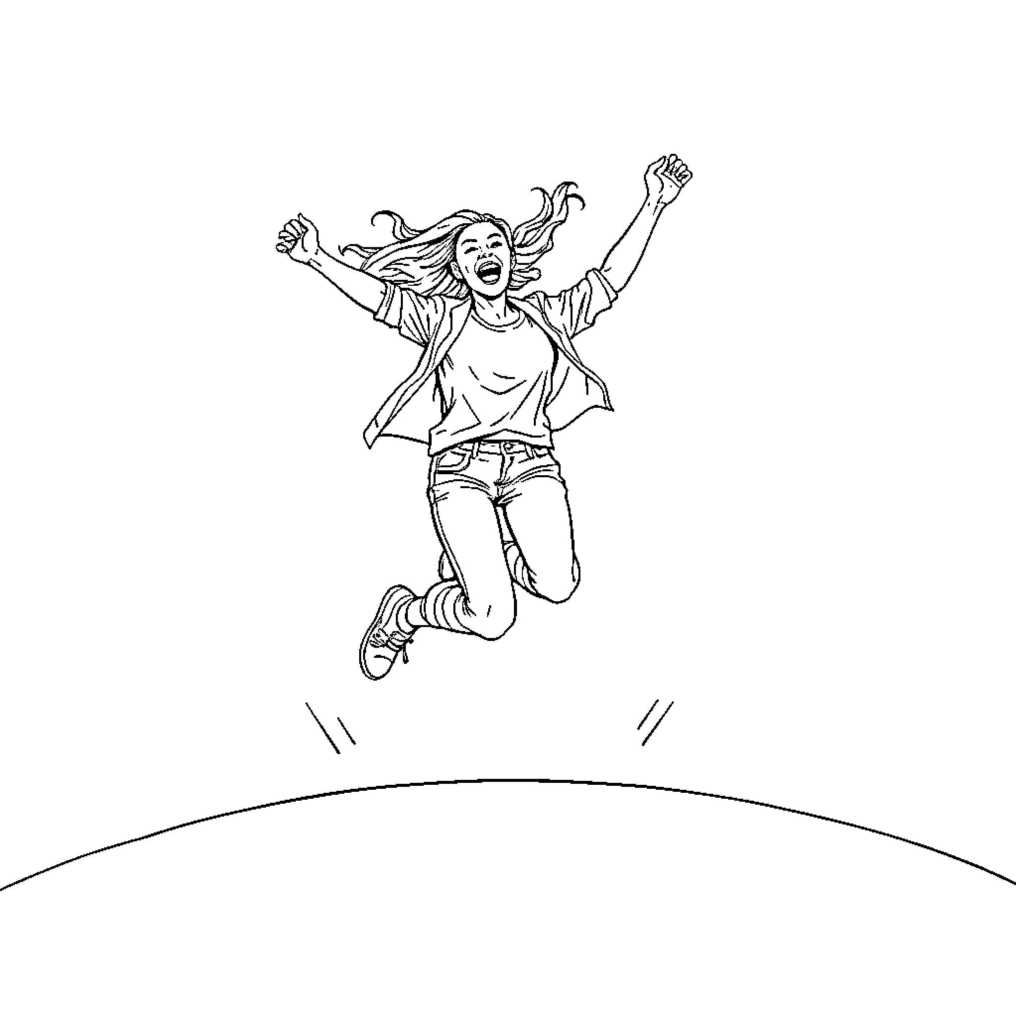 Woman joyfully jumping with arms raised Coloring Page (free black-and-white line drawing printable PDF for all, from beginners to advanced learners, including children, teens, adults, and seniors)