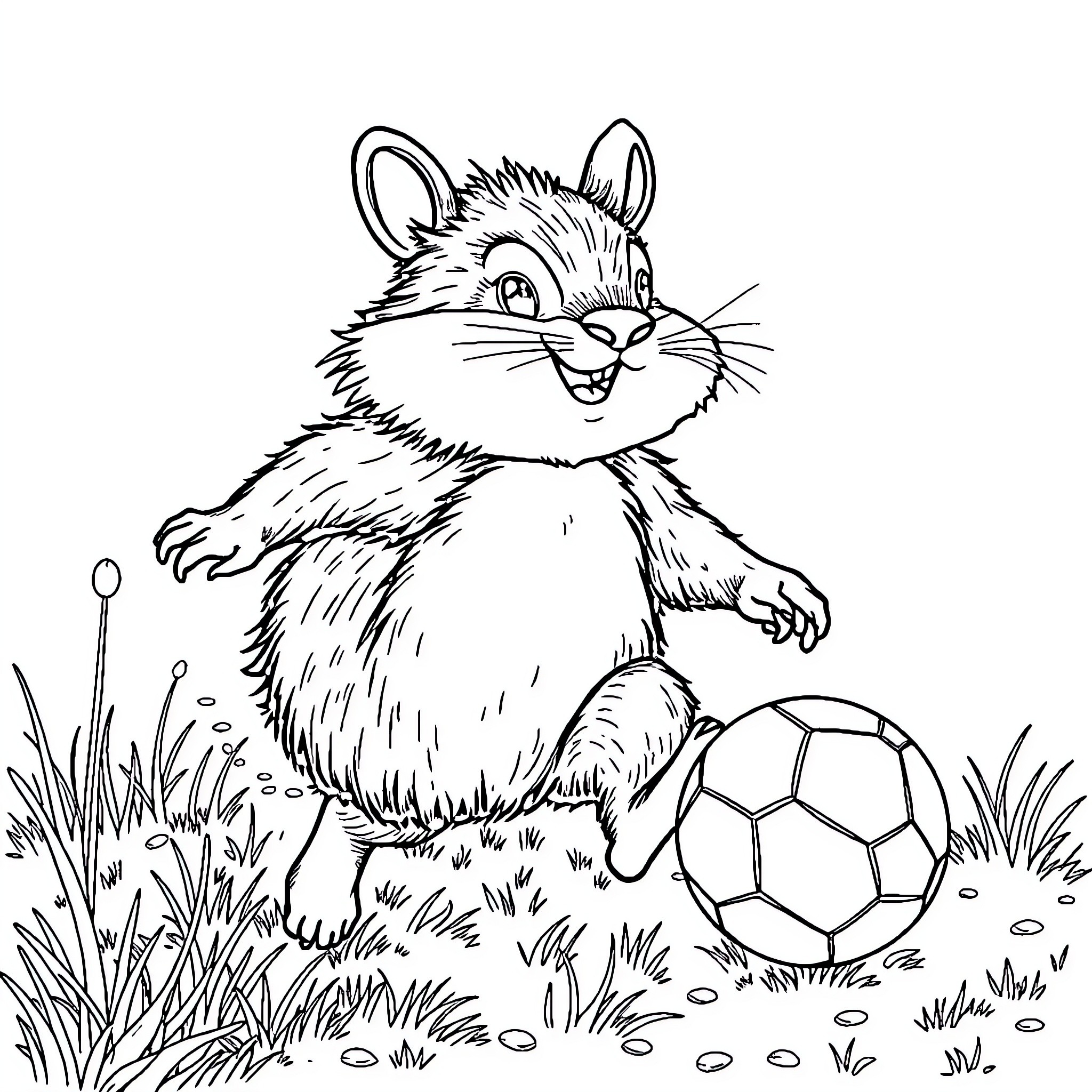 Caca the playful critter with a soccer ball Coloring Page (free black-and-white line drawing printable PDF for all, from beginners to advanced learners, including children, teens, adults, and seniors)