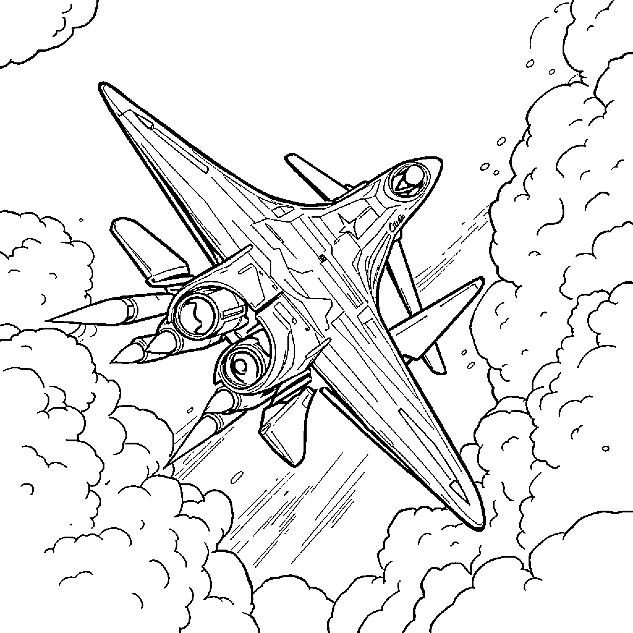Fighter Jet soaring through the sky Coloring Page (free black-and-white line drawing printable PDF for all, from beginners to advanced learners, including children, teens, adults, and seniors)