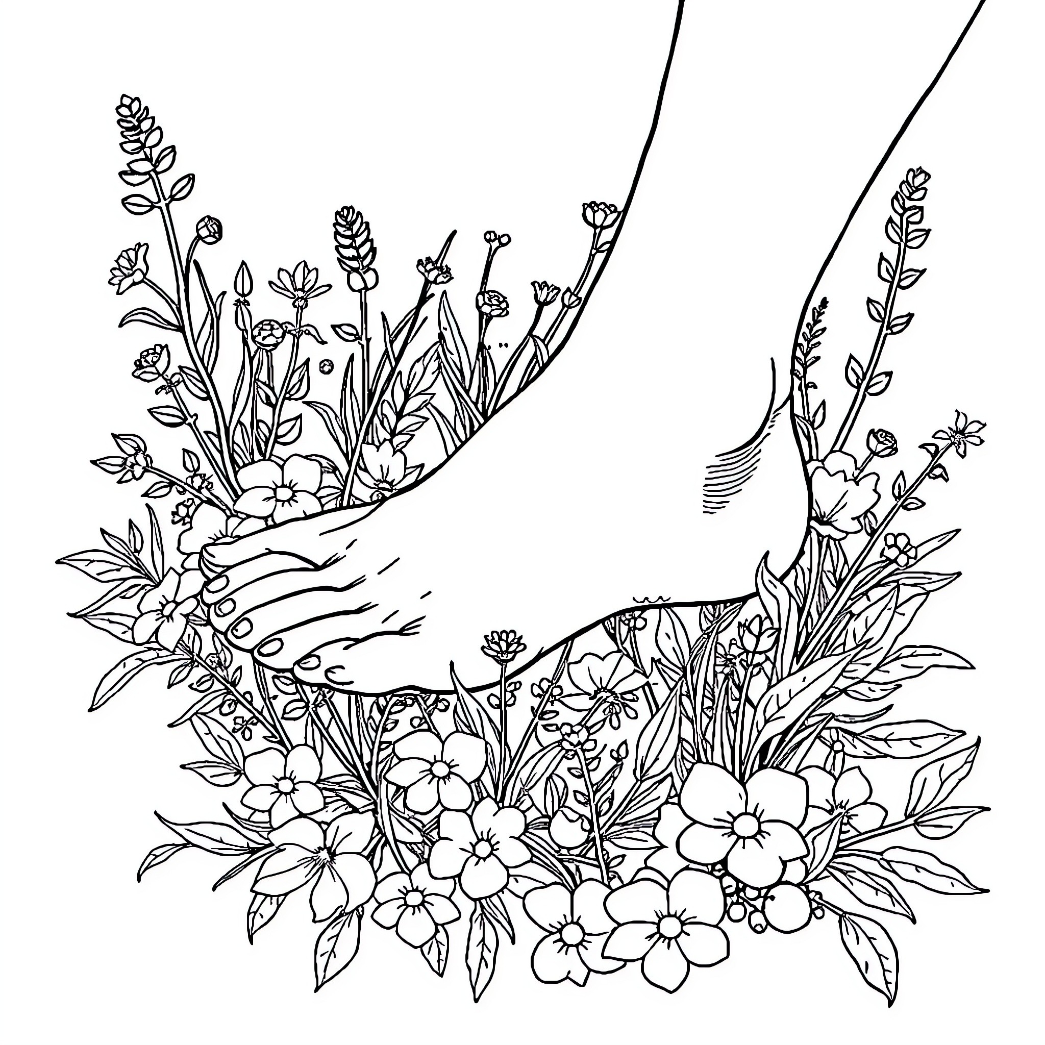 Feet among blooming floral arrangements Coloring Page (free black-and-white line drawing printable PDF for all, from beginners to advanced learners, including children, teens, adults, and seniors)