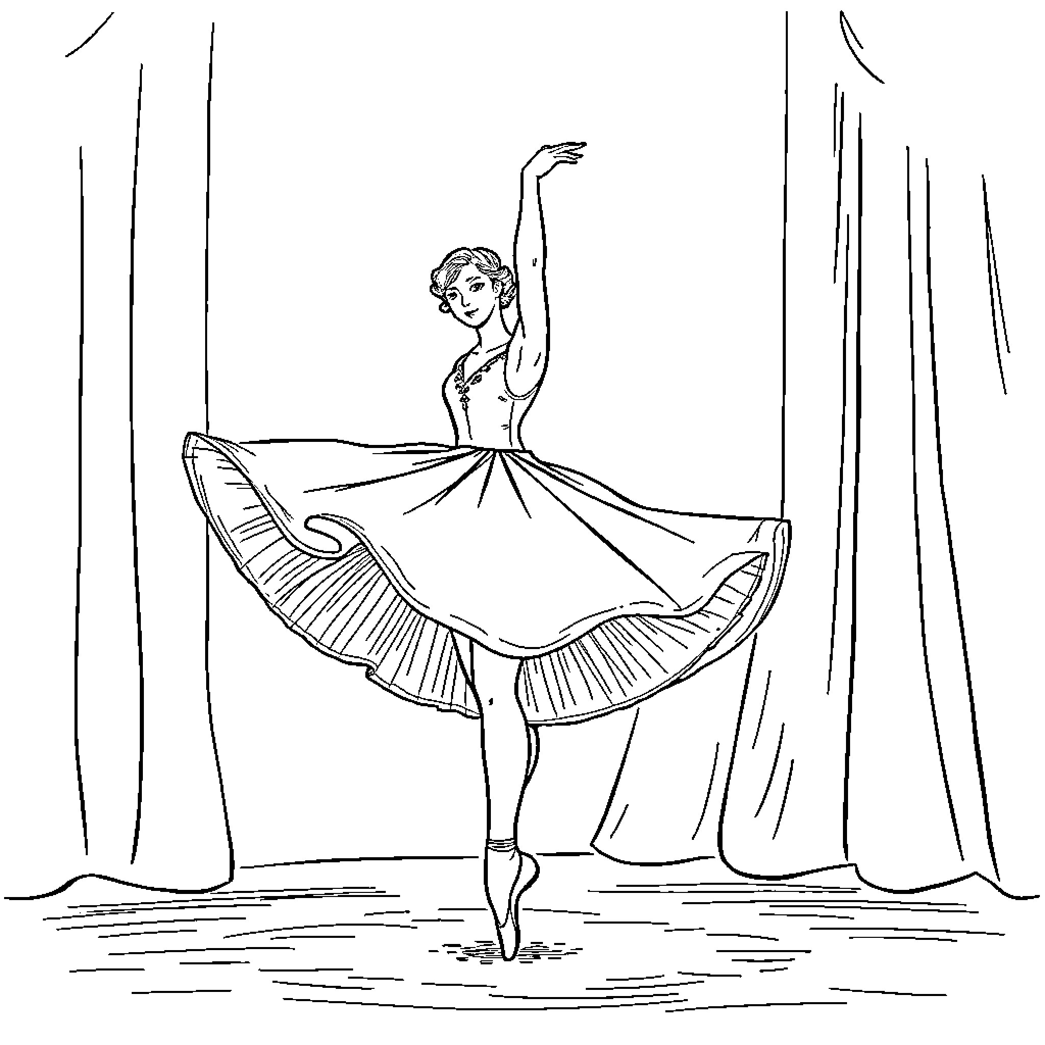 Ballerina performing graceful dance on stage Coloring Page (free black-and-white line drawing printable PDF for all, from beginners to advanced learners, including children, teens, adults, and seniors)