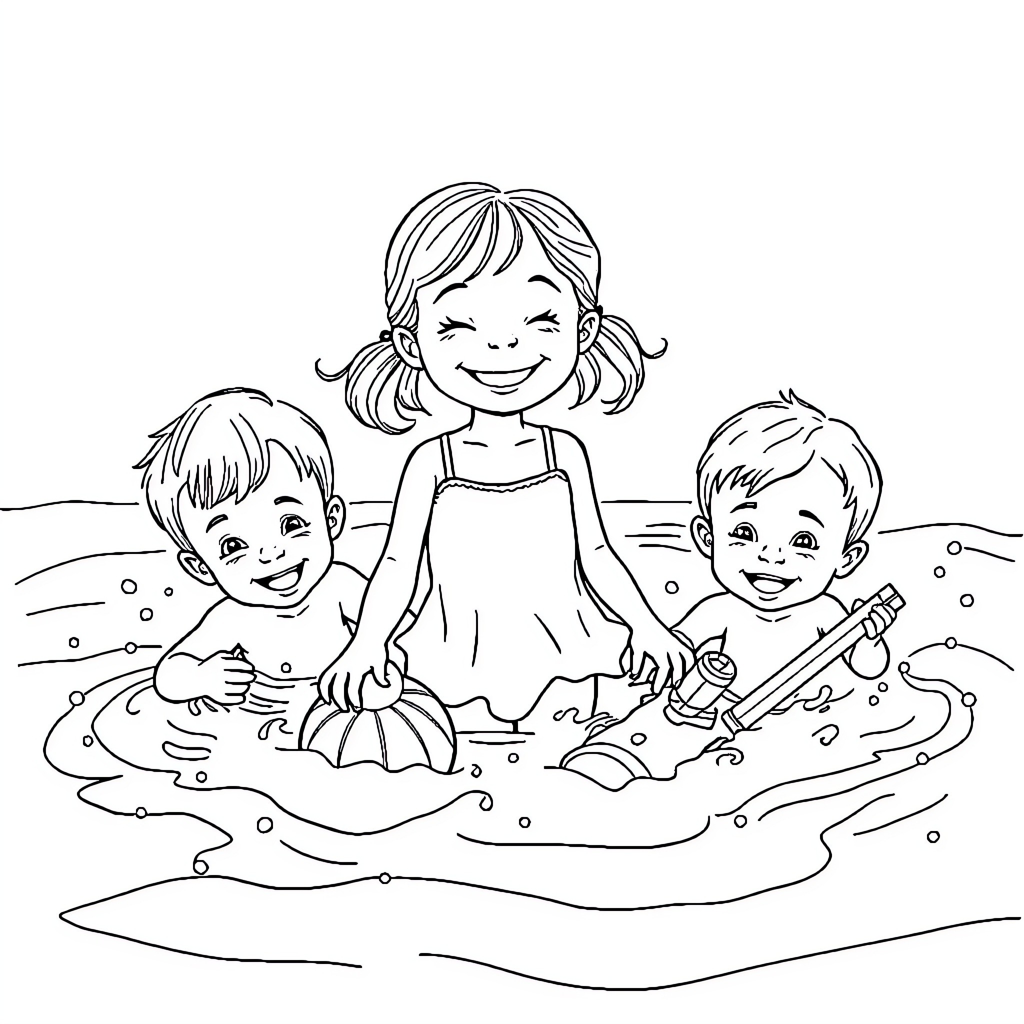 Girl Playing in the Mud with Friends Coloring Page (free black-and-white line drawing printable PDF for all, from beginners to advanced learners, including children, teens, adults, and seniors)