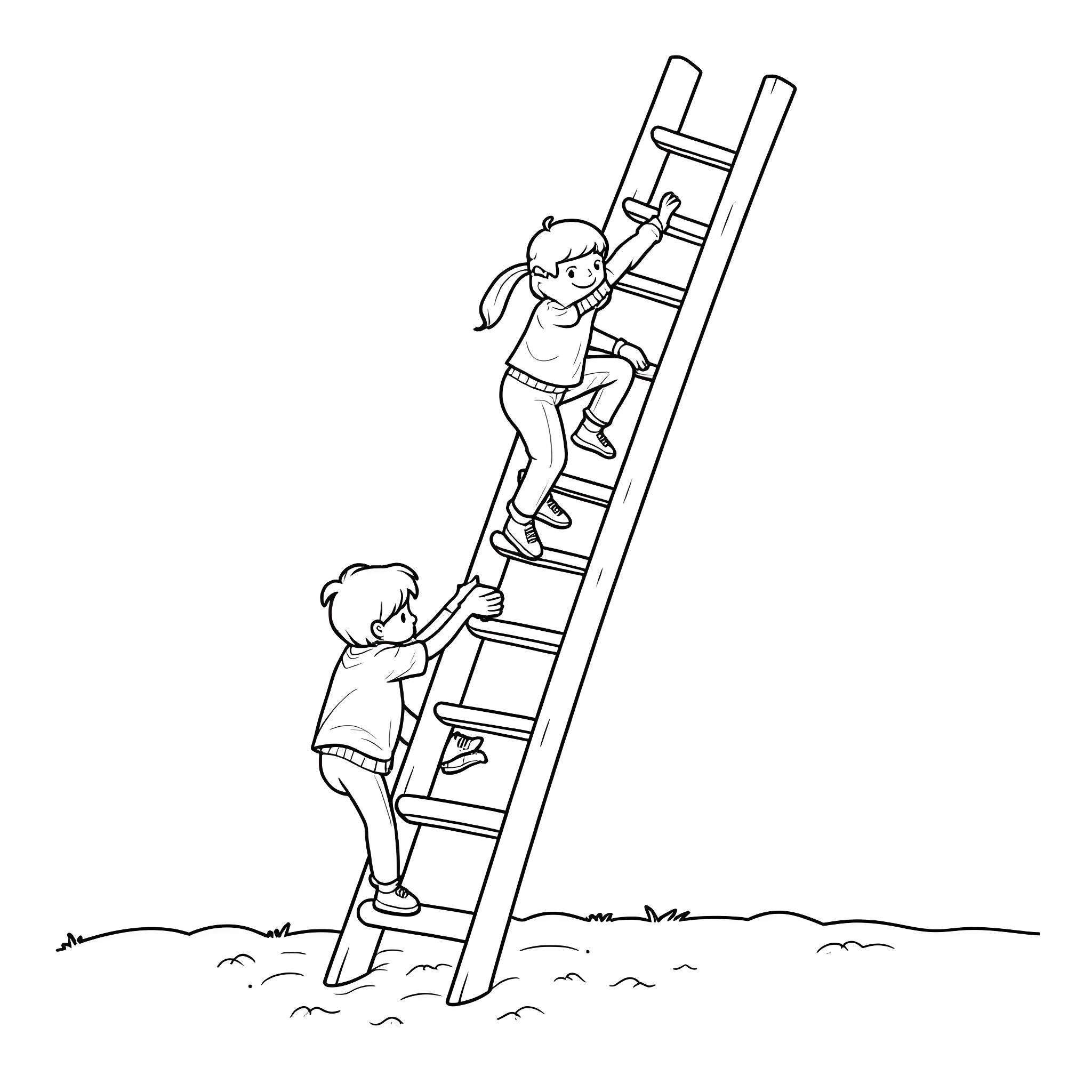 Child climbing up a ladder Coloring Page (free black-and-white line drawing printable PDF for all, from beginners to advanced learners, including children, teens, adults, and seniors)