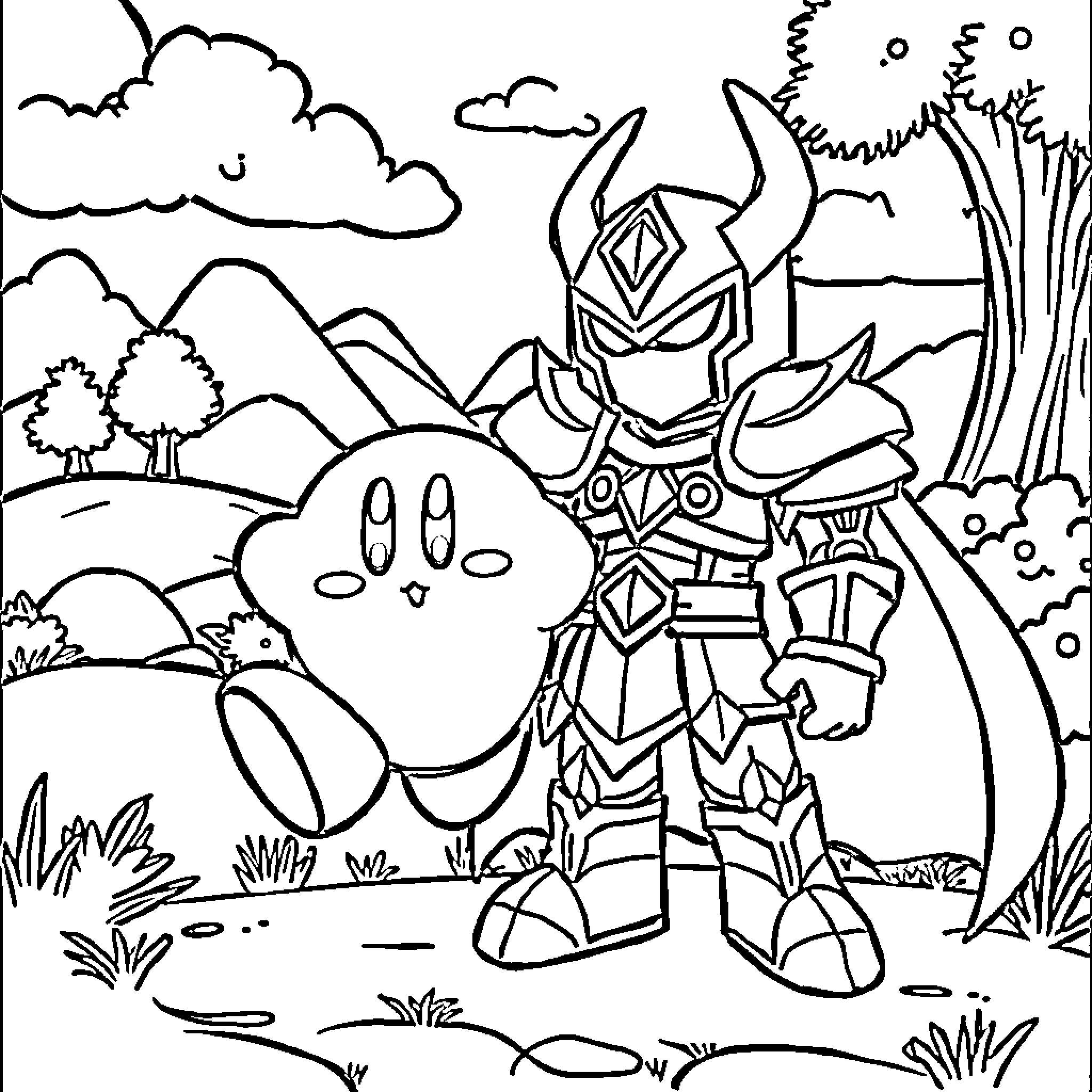 Kirby Meets a Heroic Warrior in the Wilderness Coloring Page (free black-and-white line drawing printable PDF for all, from beginners to advanced learners, including children, teens, adults, and seniors)