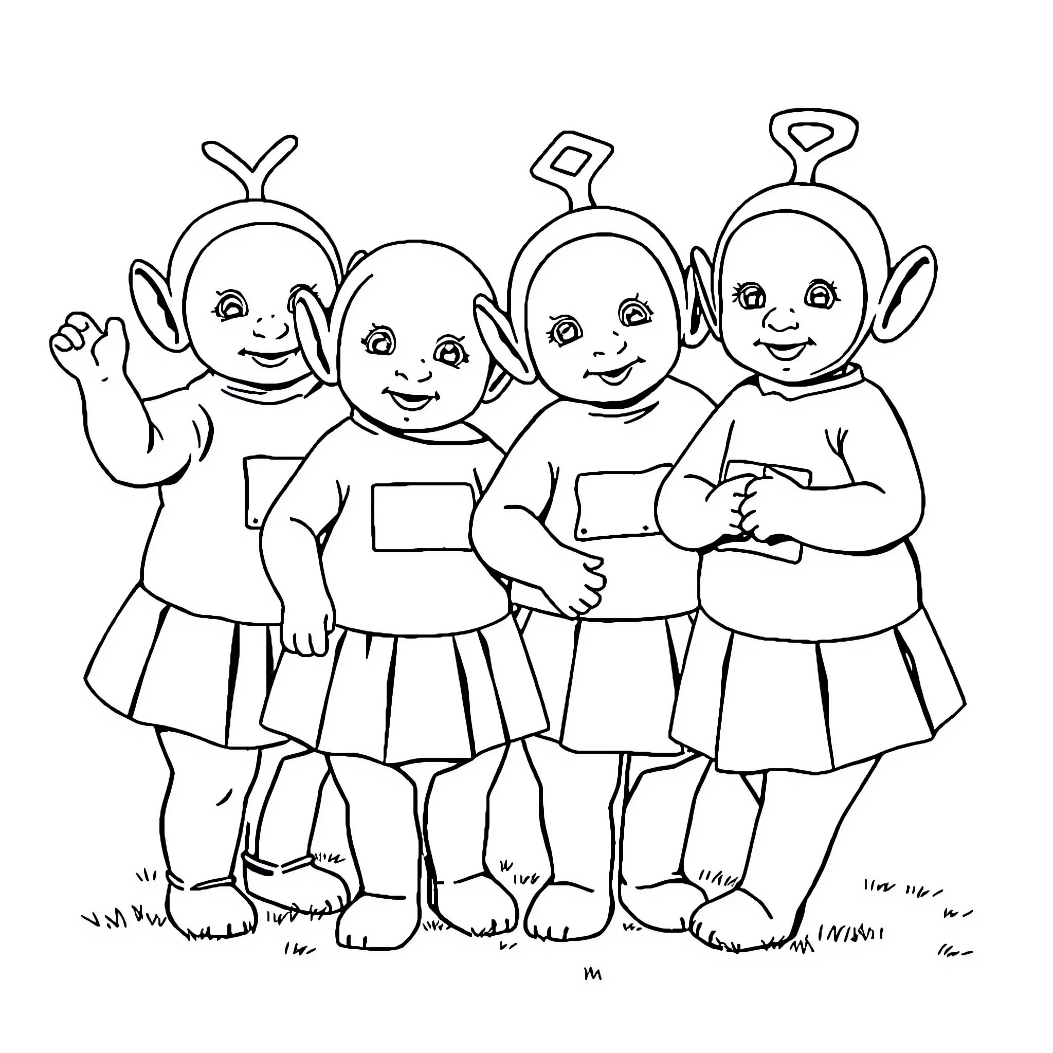 Teletubby friends playing and posing happily together Coloring Page (free black-and-white line drawing printable PDF for all, from beginners to advanced learners, including children, teens, adults, and seniors)