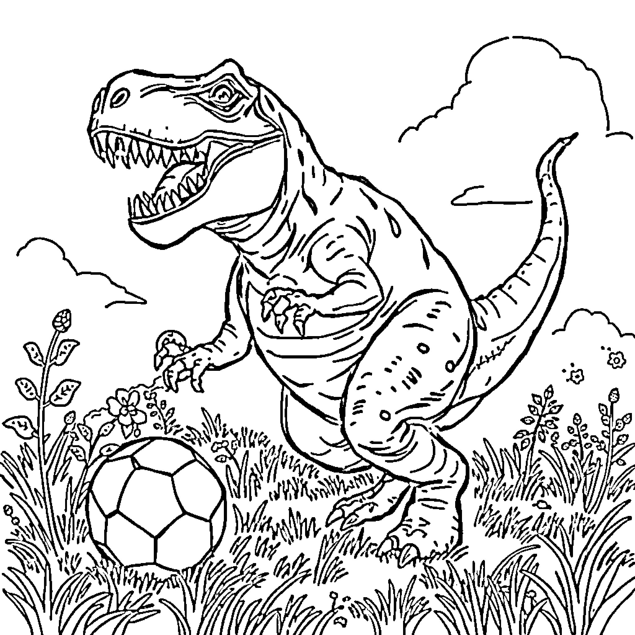 T-Rex playing with soccer ball in grassy field Coloring Page (free black-and-white line drawing printable PDF for all, from beginners to advanced learners, including children, teens, adults, and seniors)