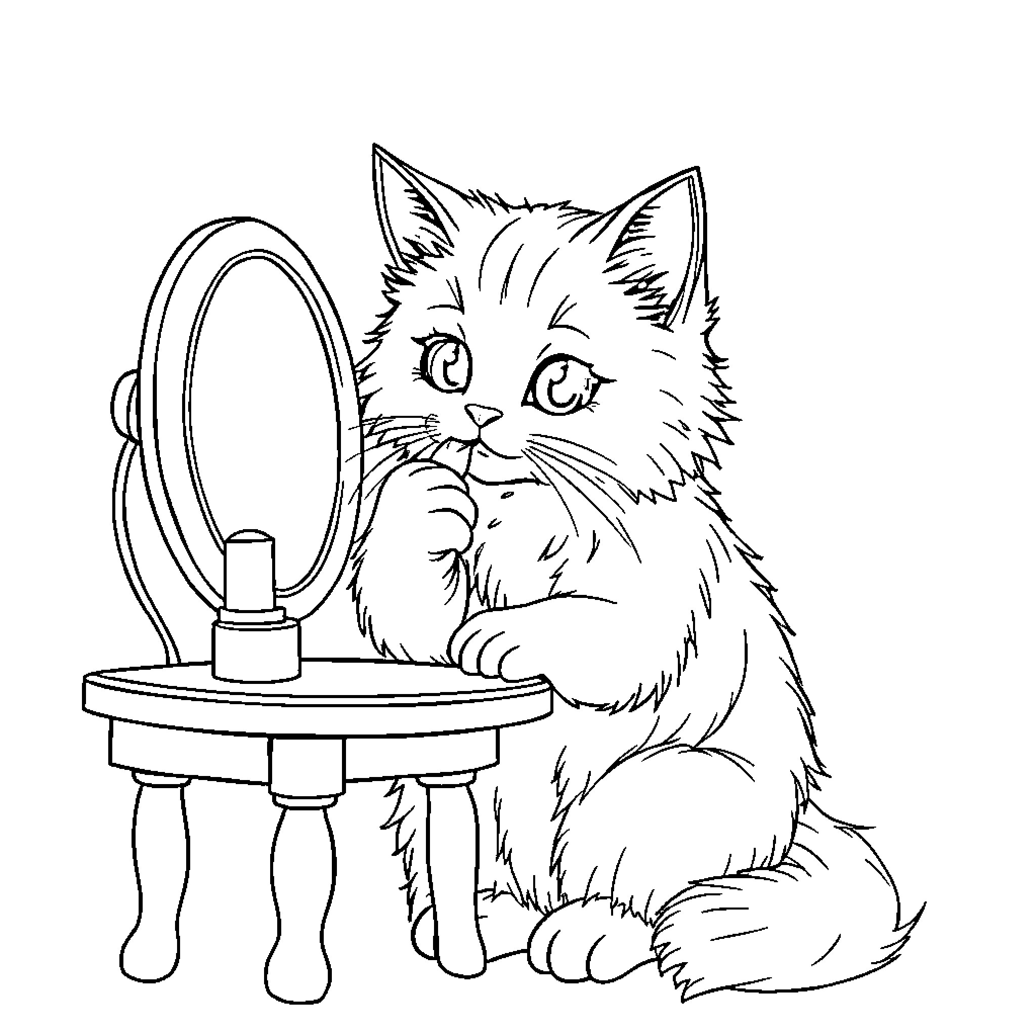Cat looking at itself in the mirror Coloring Page (free black-and-white line drawing printable PDF for all, from beginners to advanced learners, including children, teens, adults, and seniors)