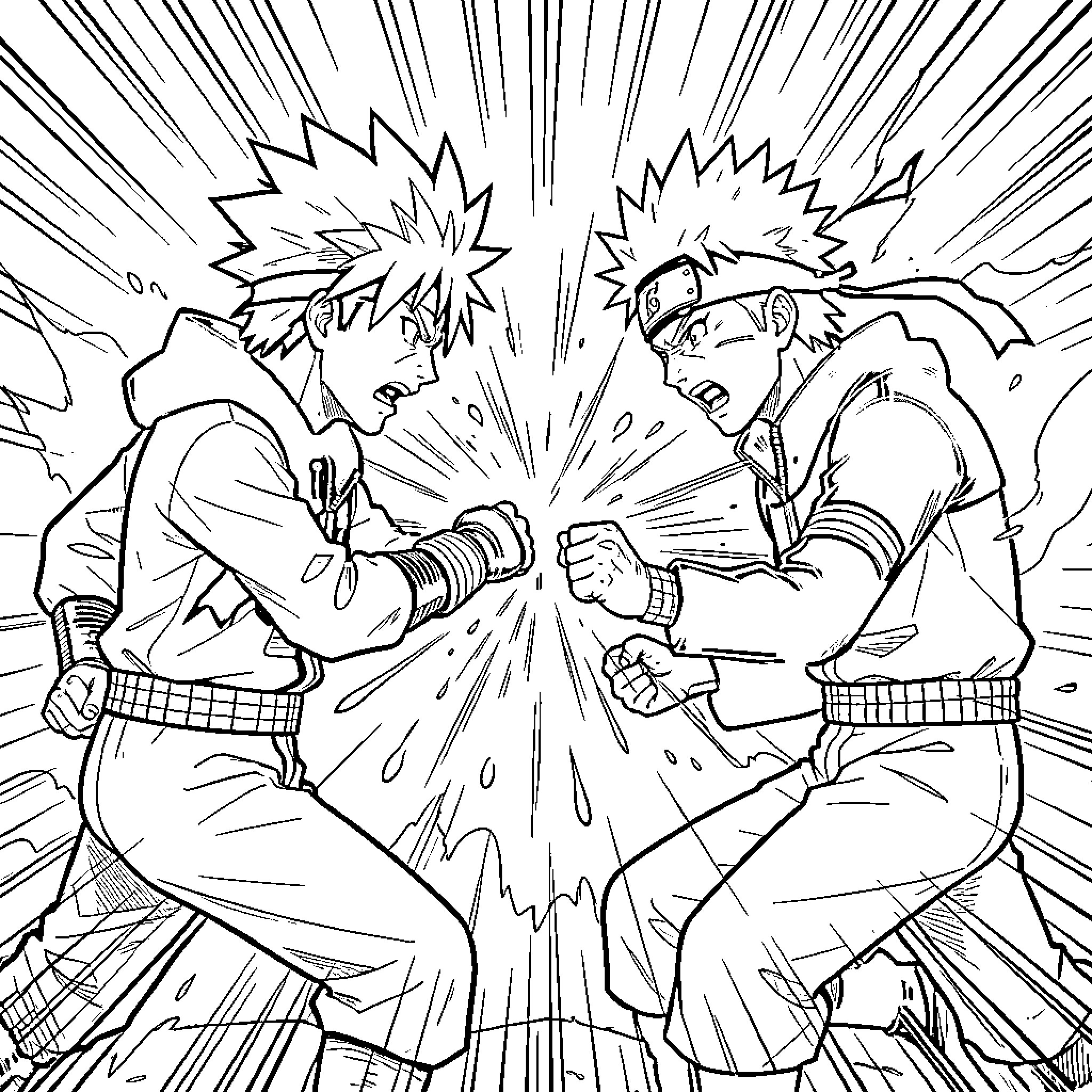 Gojo characters engaging in a dynamic martial arts battle Coloring Page (free black-and-white line drawing printable PDF for all, from beginners to advanced learners, including children, teens, adults, and seniors)