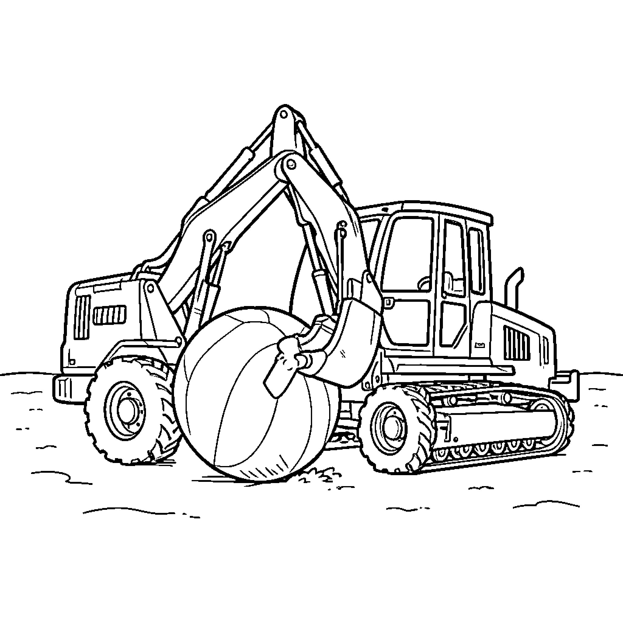 Tracteur excavateur travaillant sur un chantier de construction Coloring Page (free black-and-white line drawing printable PDF for all, from beginners to advanced learners, including children, teens, adults, and seniors)