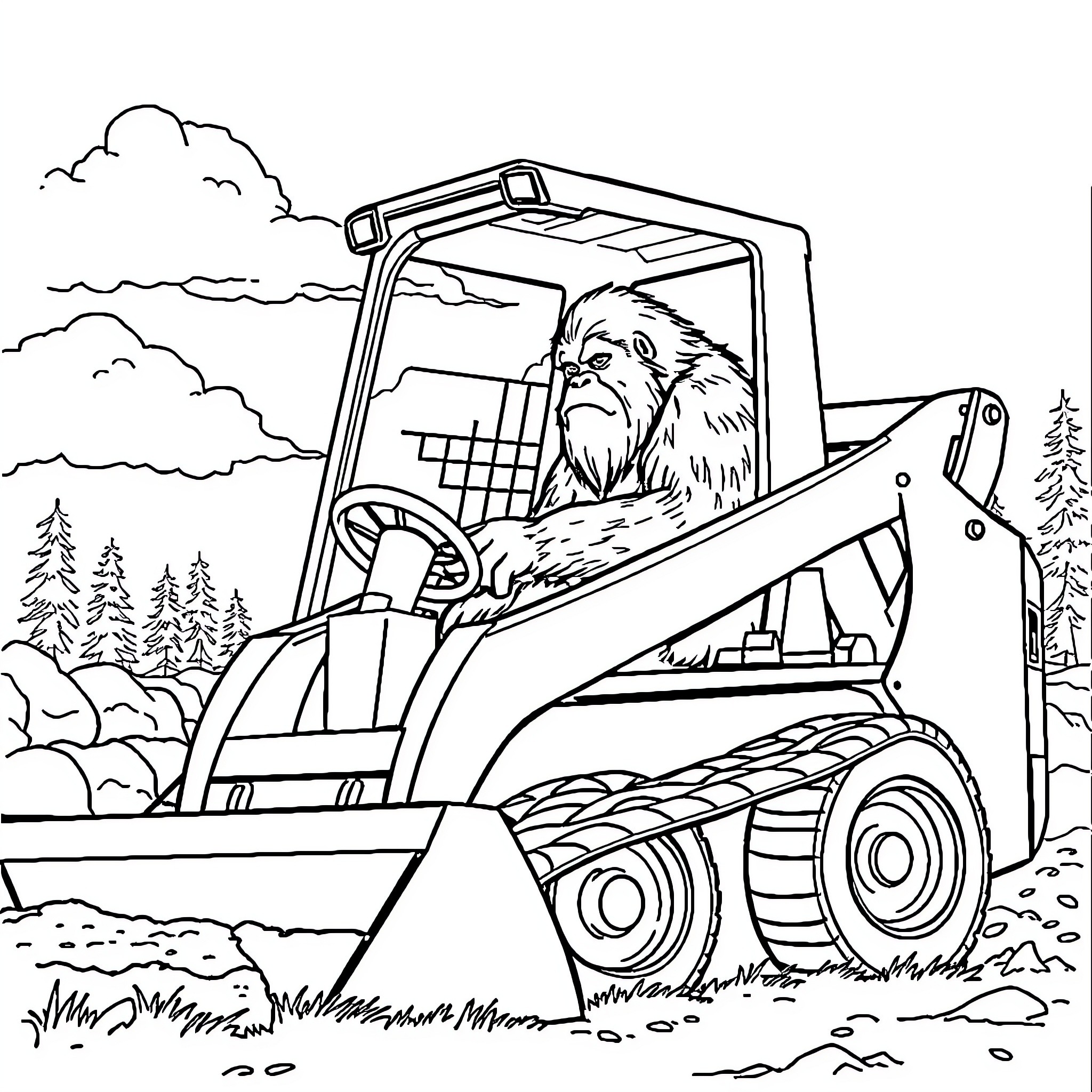Bigfoot operating a heavy machinery in the wilderness Coloring Page (free black-and-white line drawing printable PDF for all, from beginners to advanced learners, including children, teens, adults, and seniors)