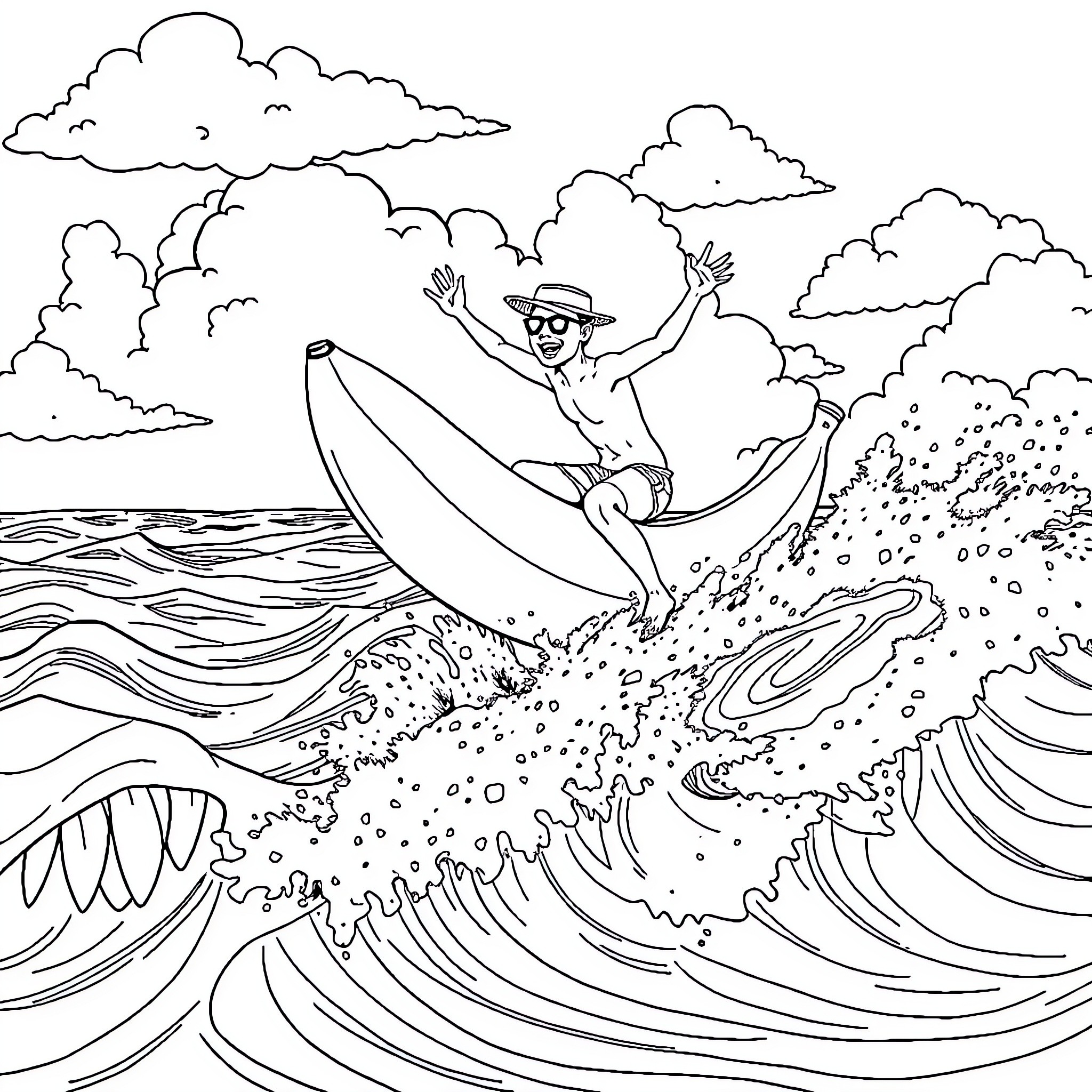 Guy surfing on a giant wave in the ocean Coloring Page (free black-and-white line drawing printable PDF for all, from beginners to advanced learners, including children, teens, adults, and seniors)