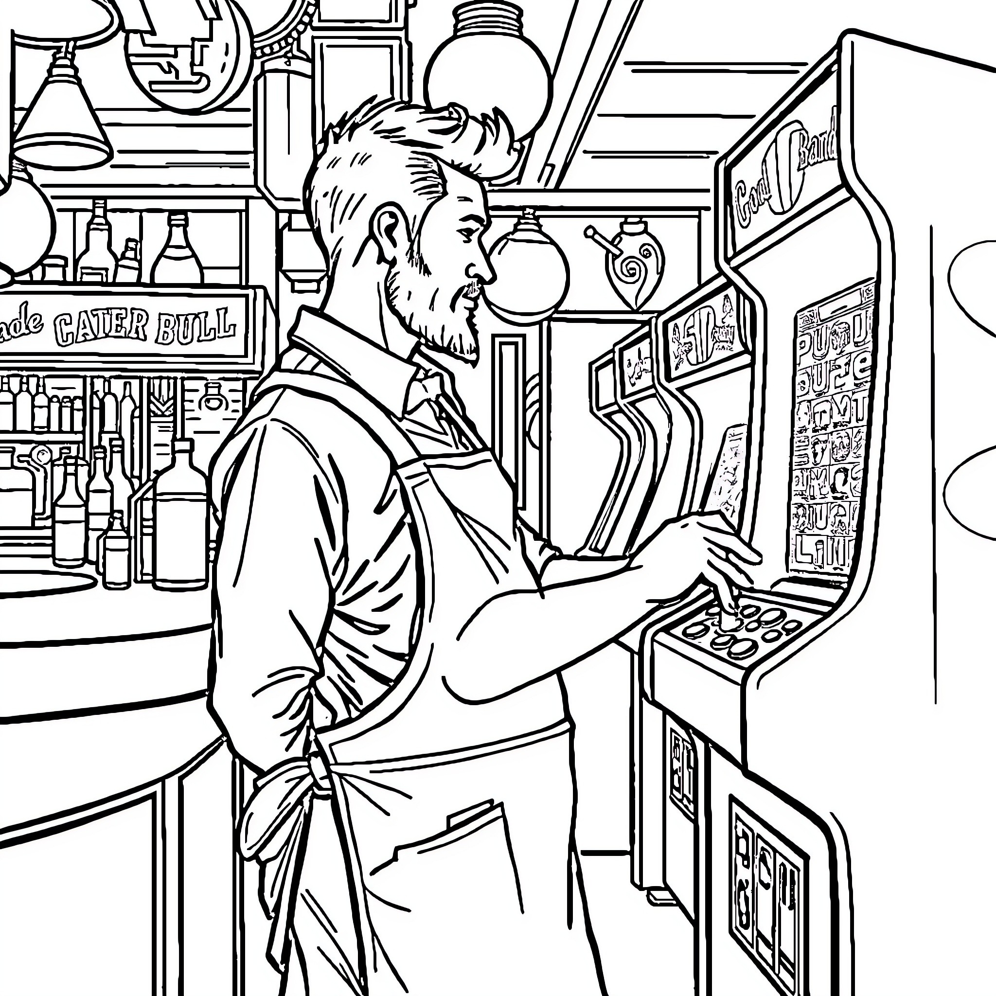 Barman working at the retro arcade game machine Coloring Page (free black-and-white line drawing printable PDF for all, from beginners to advanced learners, including children, teens, adults, and seniors)