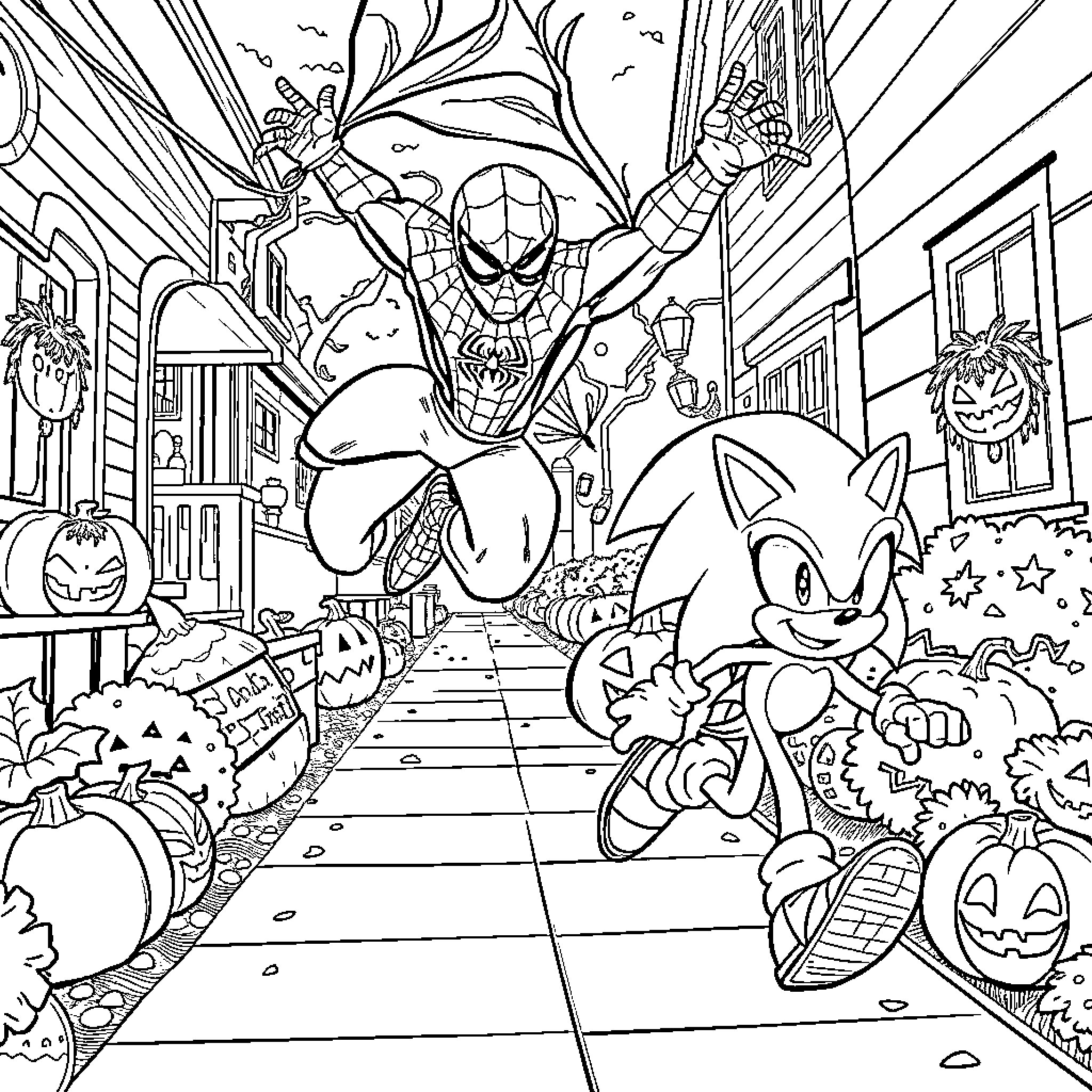Spider-Man and Sonic the Hedgehog Explore Halloween Neighborhood Coloring Page (free black-and-white line drawing printable PDF for all, from beginners to advanced learners, including children, teens, adults, and seniors)